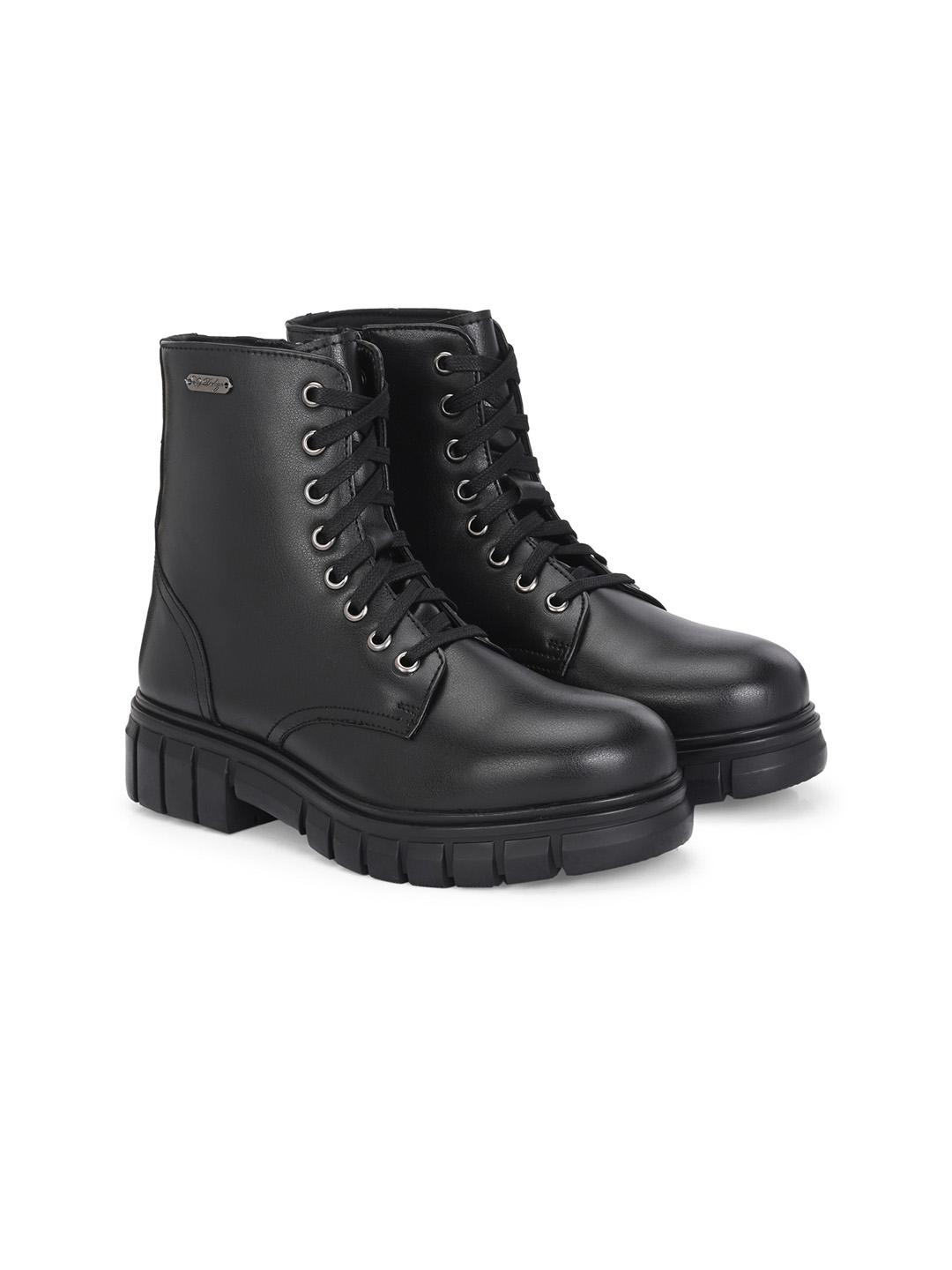 Buy Delize Women Block-Heeled Black Biker ankle derby Boots