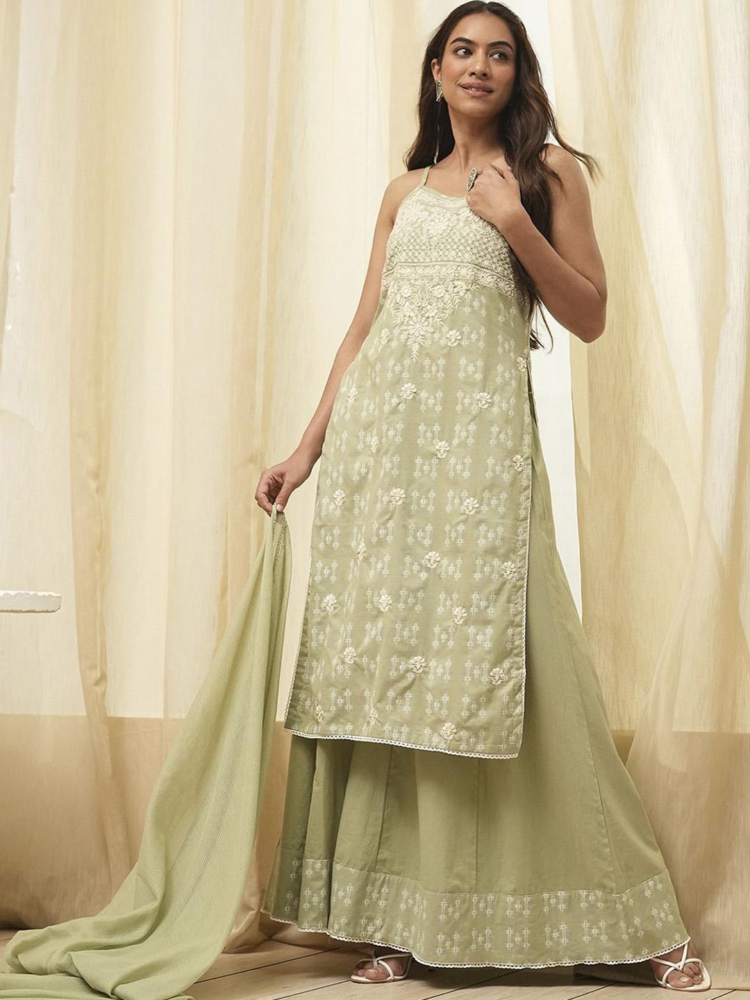 Biba Floral Embroidered Cotton Kurta Set - Image 1