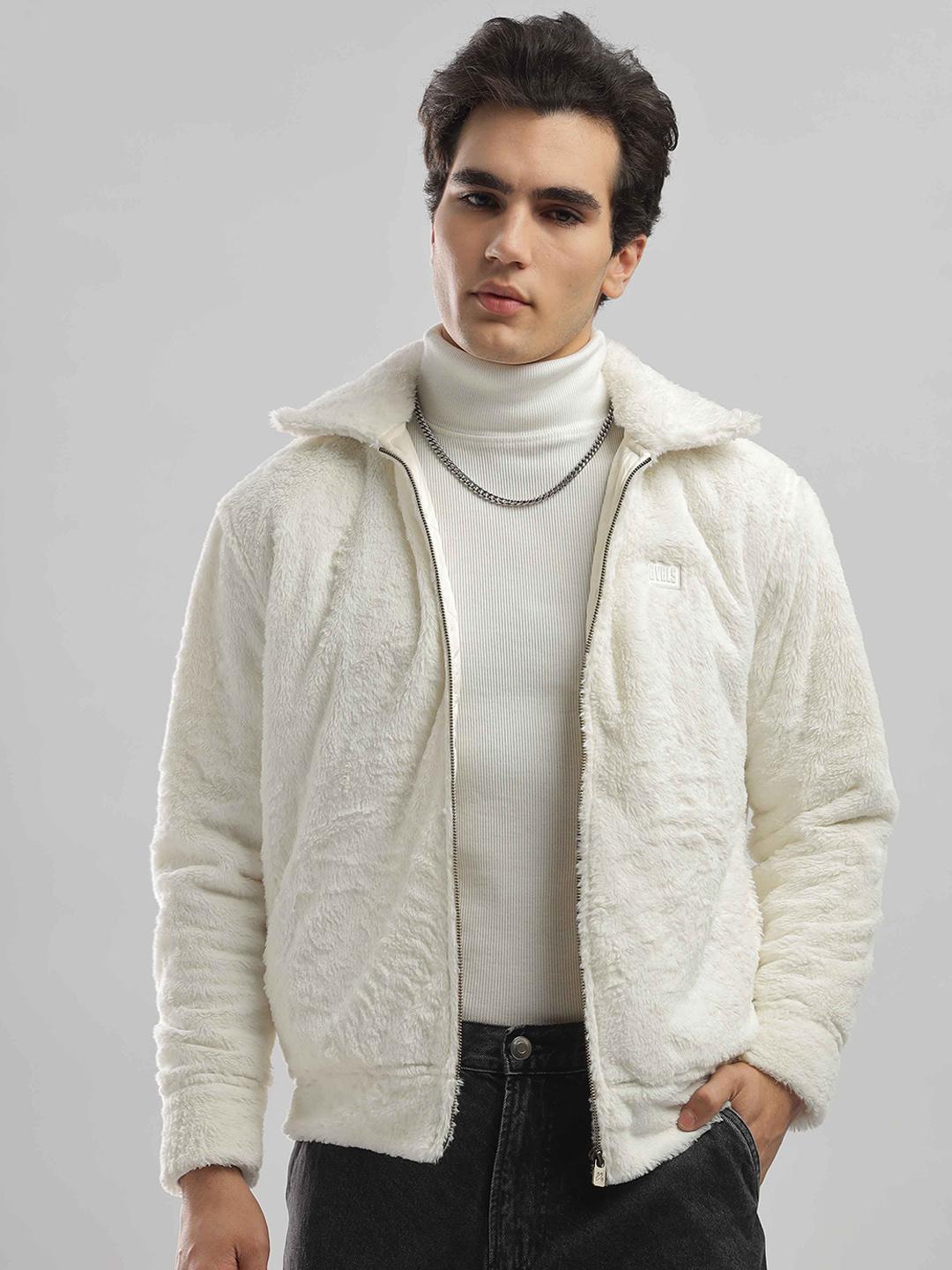 Buy Overlays Men Artic Wolf Solid Mock Collar Sherpa Jacket