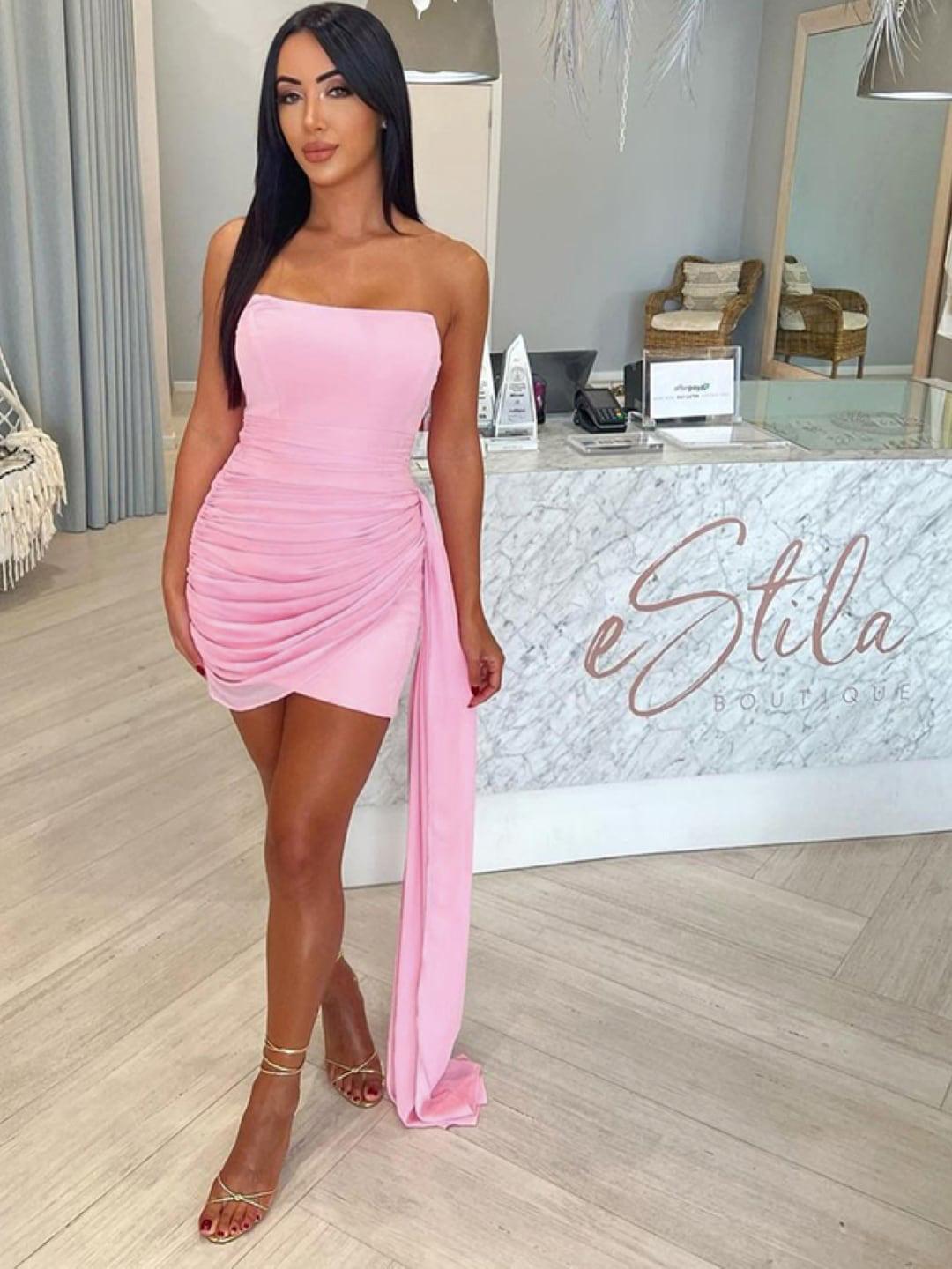 strapless open back dress Light Pink Chiffon Strapless Maxi Dress with Scarf – shopaleena main image 1