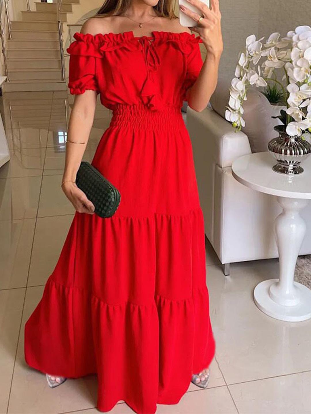 Buy StyleCast Red Off-Shoulder Puff Sleeve Smocked Tiered Maxi
