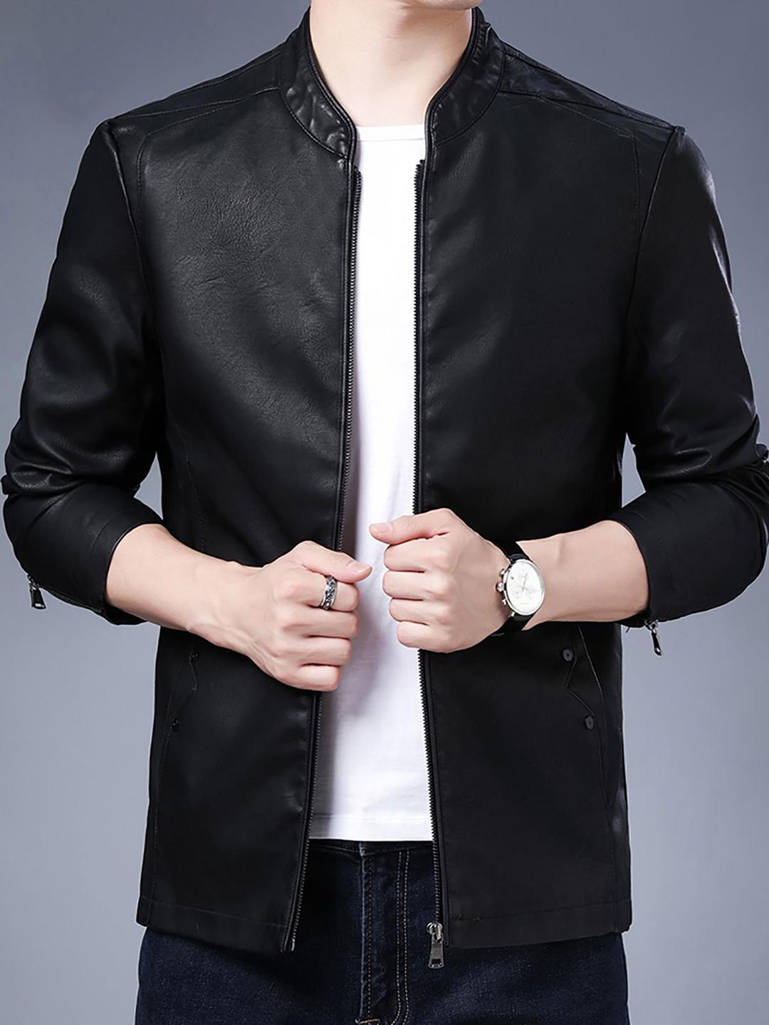 StyleCast x Revolte Men Mandarin Collar PU Windcheater Jacket - Image 1