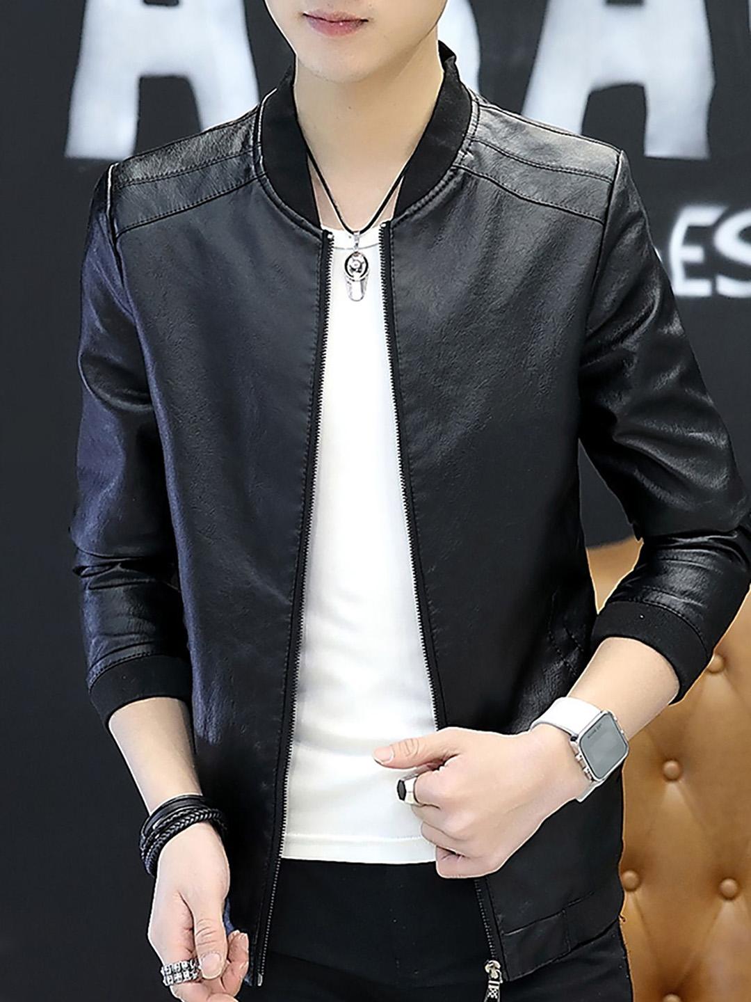 Buy StyleCast x Revolte Men Stand Collar Solid PU Casual Leather