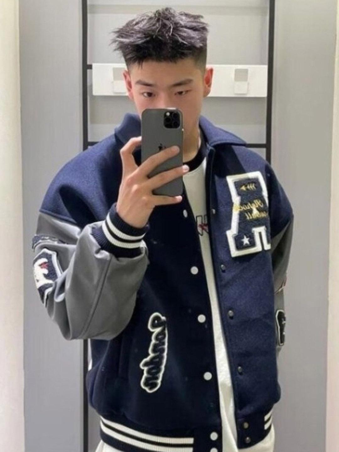 KPOP Men Typography Printed Embroidered Spread Collar Oversized Bomber Jacket