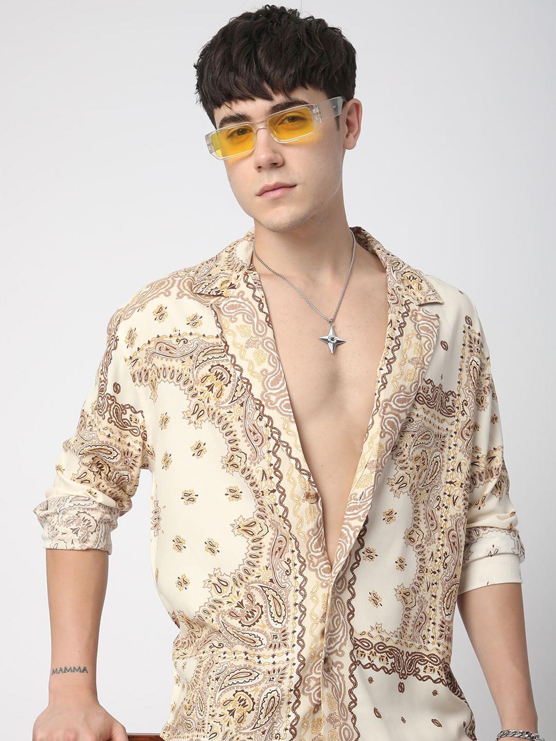 VASTRADO Men Beige Paisley Lapel Collar Oversized Shirt - Image 1