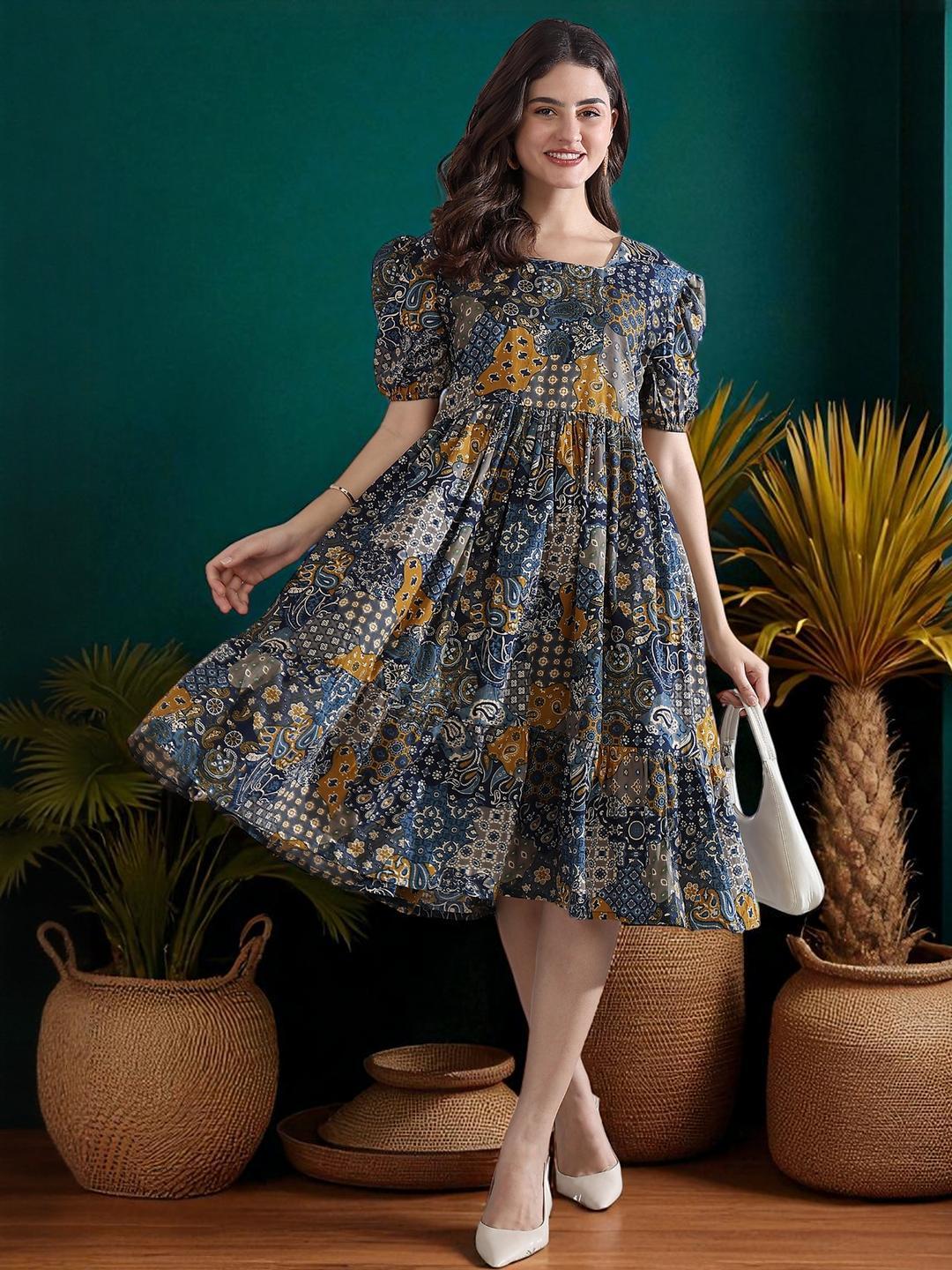 Buy Tzelynn Women Floral Printed Cotton Ethnic Midi A-Line Dress