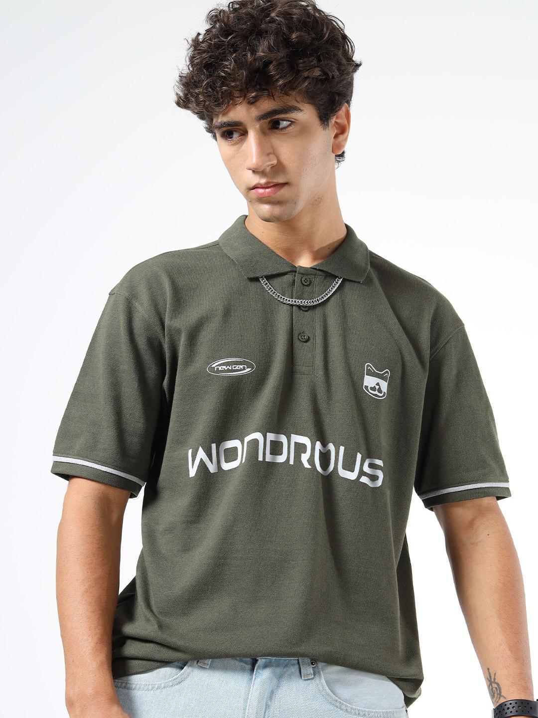 glitchez Olive Typography Polo Collar T-Shirt Green - Image 1