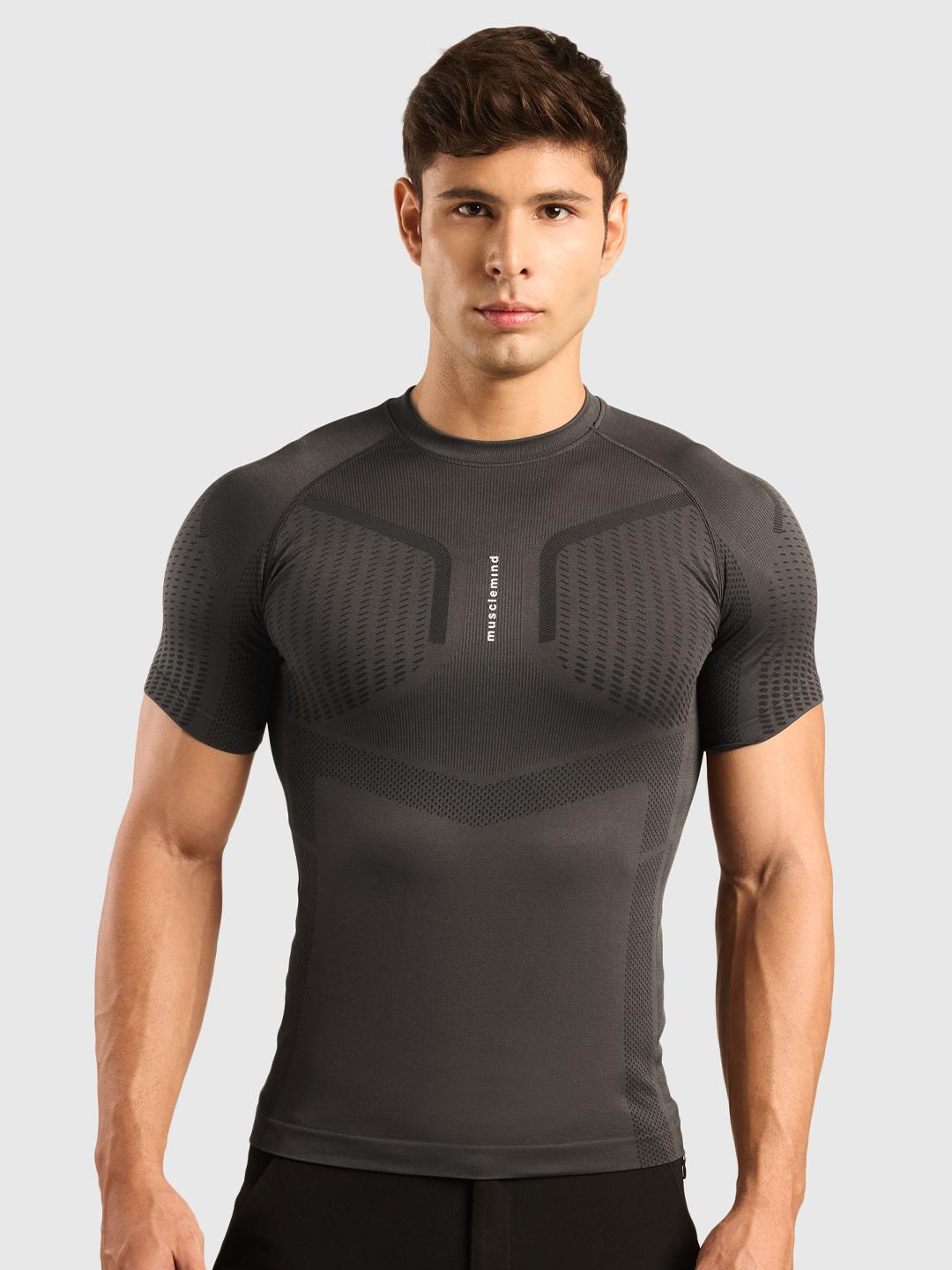 Musclemind Men Abstract Printed Round Neck Seamless Compression