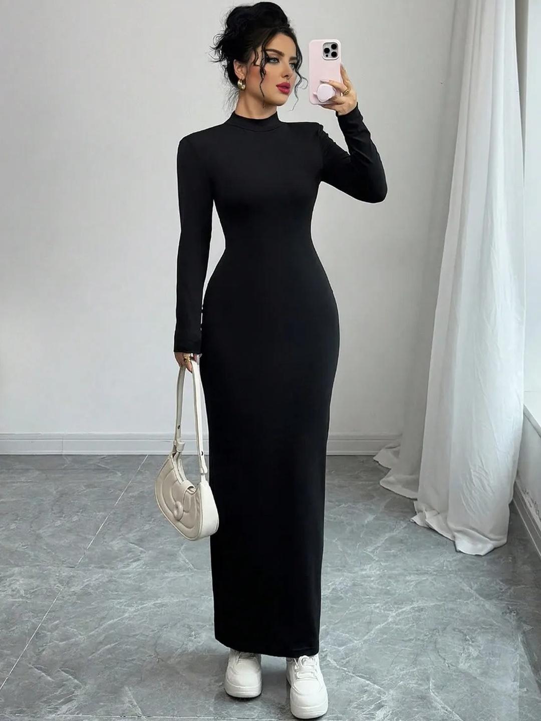 WANQUILA Women Black Solid High Neck Long Sleeves Bodycon Dress - Image 1