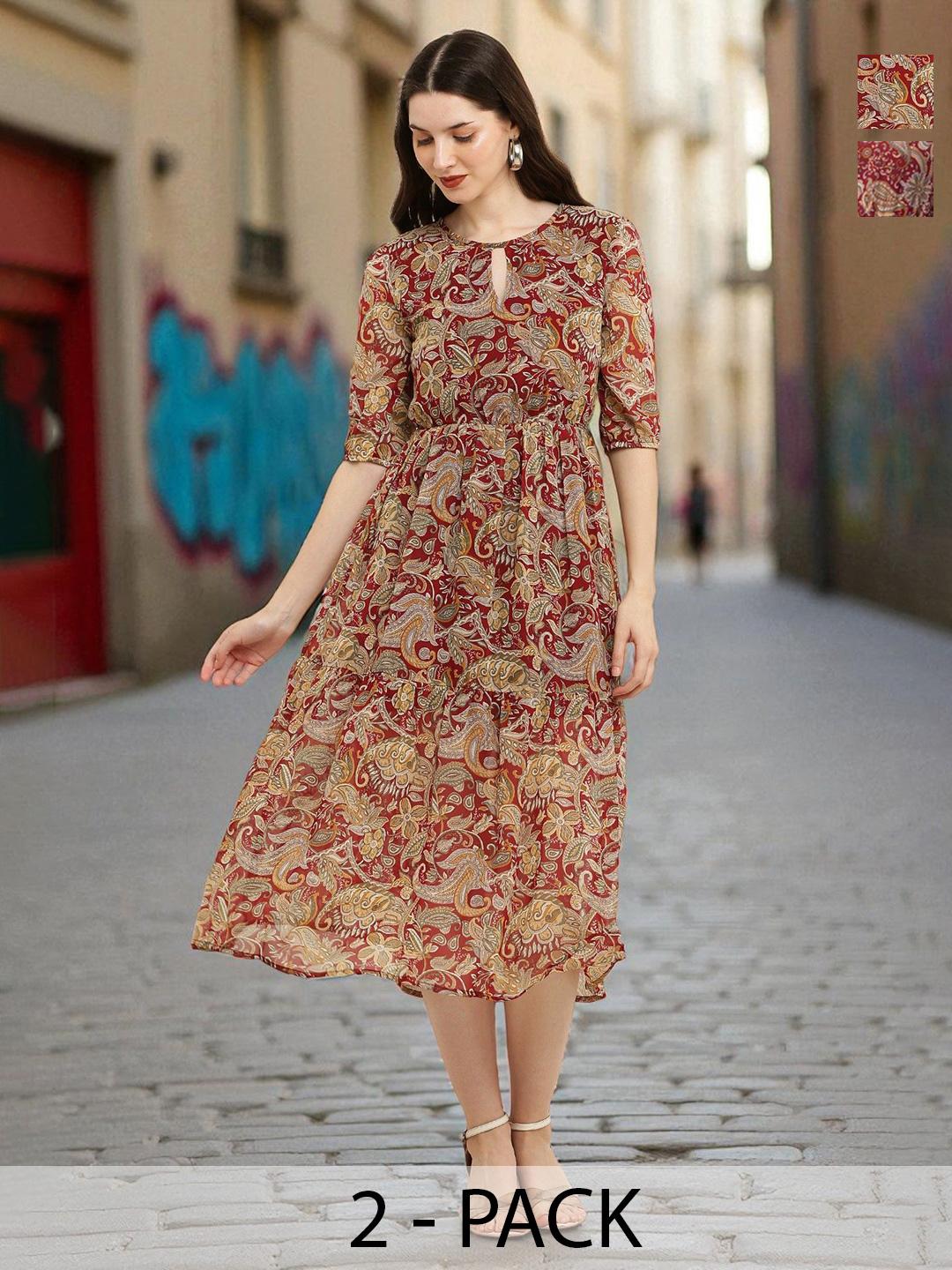 Buy SQew Pack of 2 Paisley Printed Keyhole Neck Fit & Flare Midi