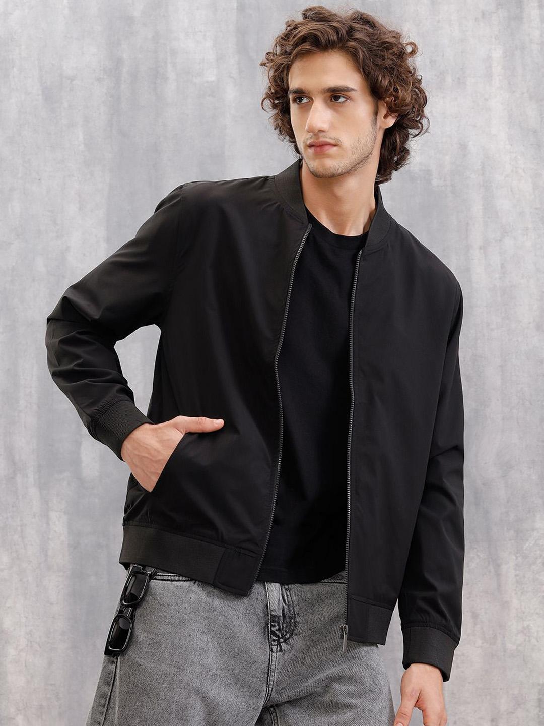 WROGN Men Stand Collar Solid Bomber Jacket - Image 1