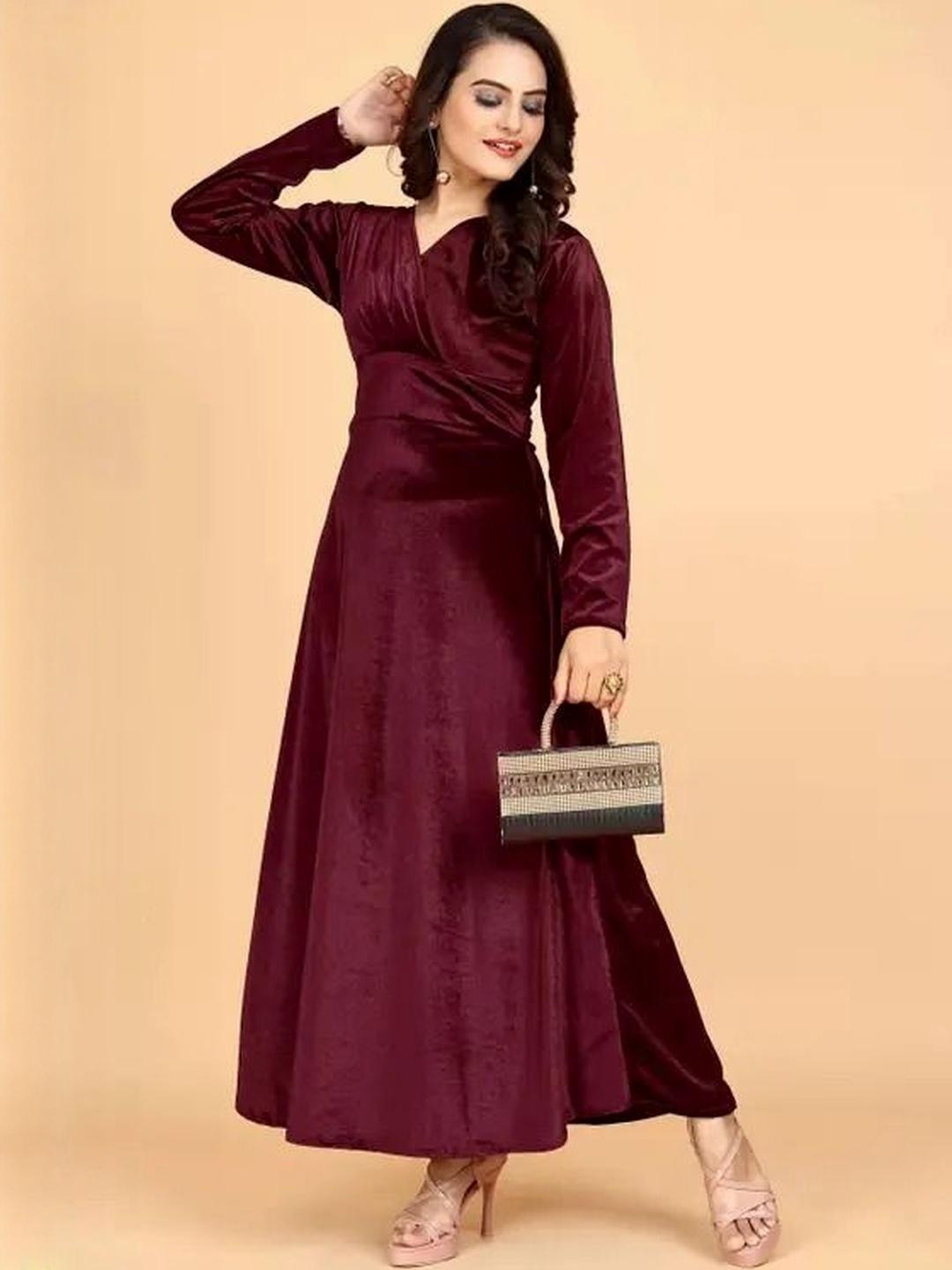 velvet western dresses design Burgundy Long Sleeve Velvet Dress 23943