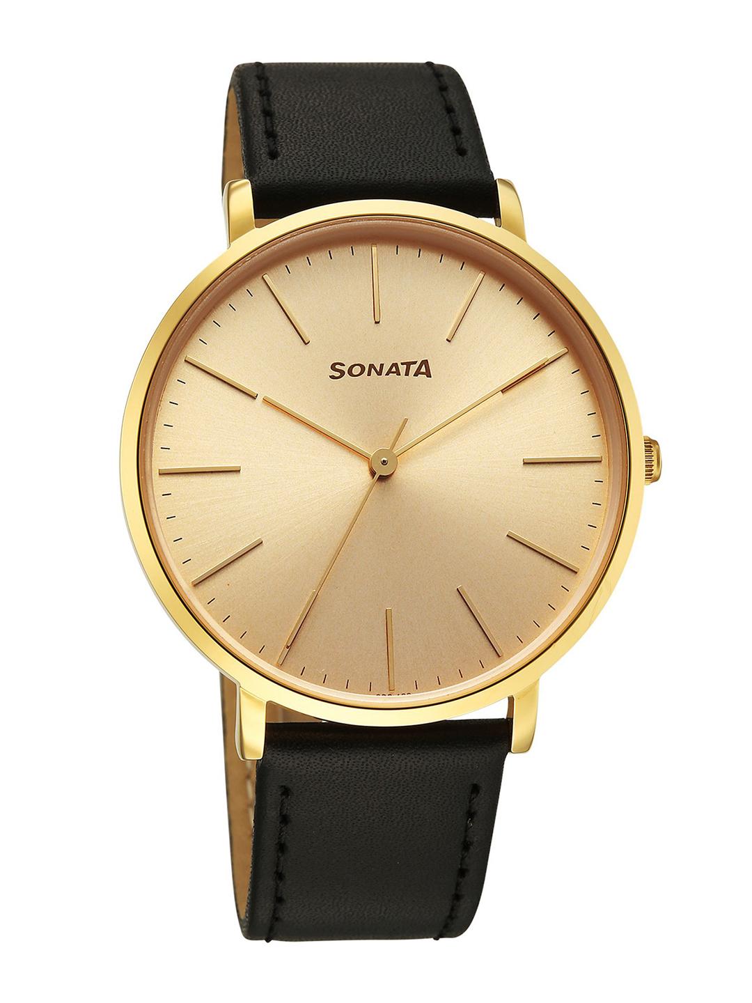 Metal Strap Sonata Gold Watch Black Face Mens Buy Online Sonata