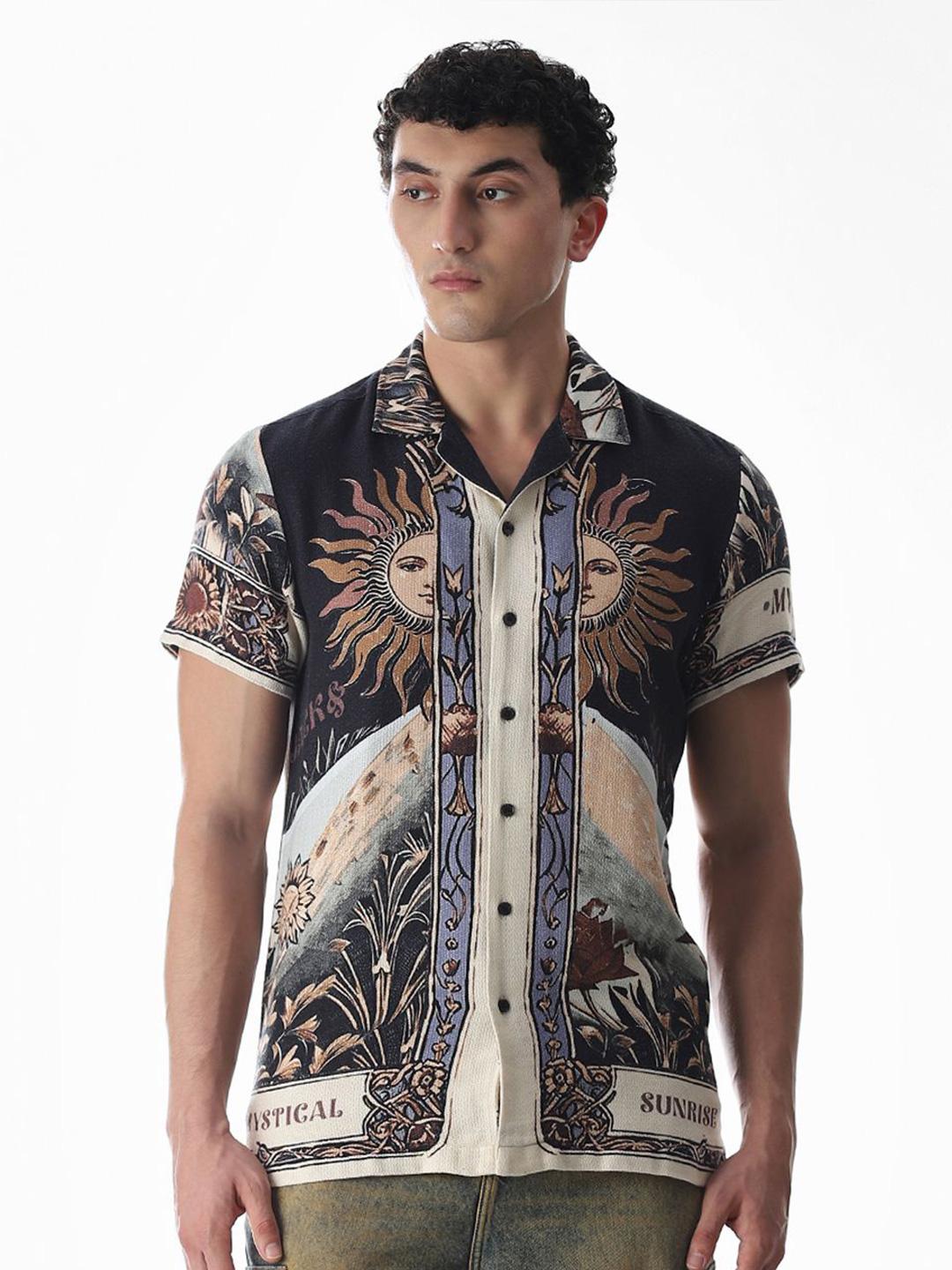 Jack & Jones Ethnic Motifs Cuban Collar Cotton Shirt - Image 1