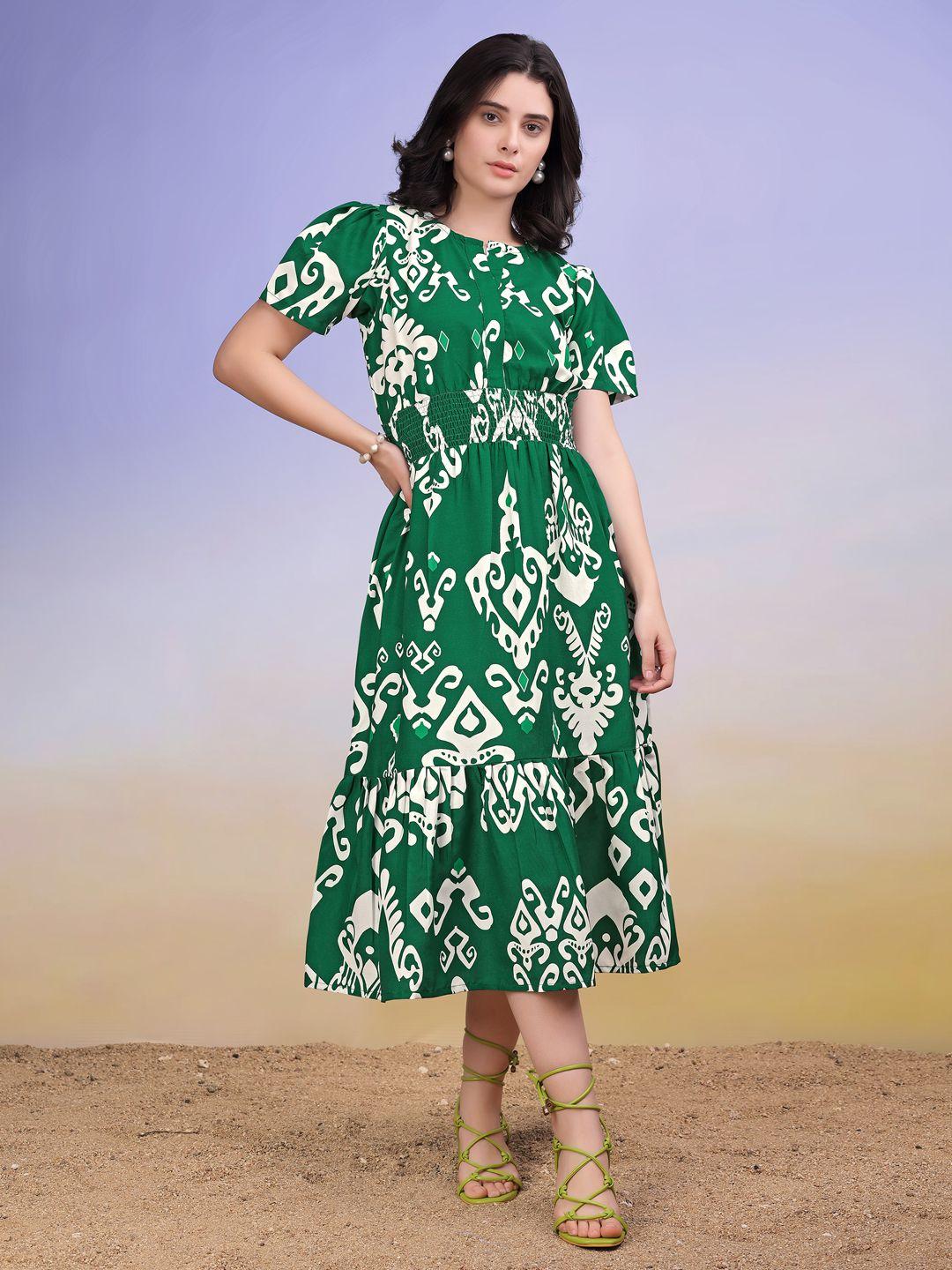 Buy PURVAJA Ethnic Motifs Print Boat Neck Puff Sleeve Smocked Fit