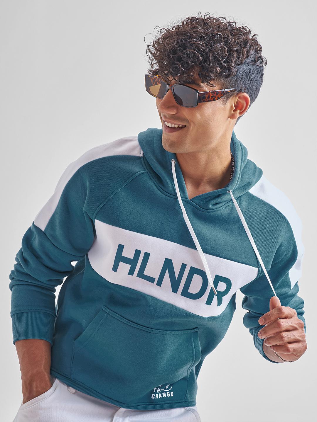Buy HIGHLANDER Men Teal Colourblocked Hooded Sweatshirt