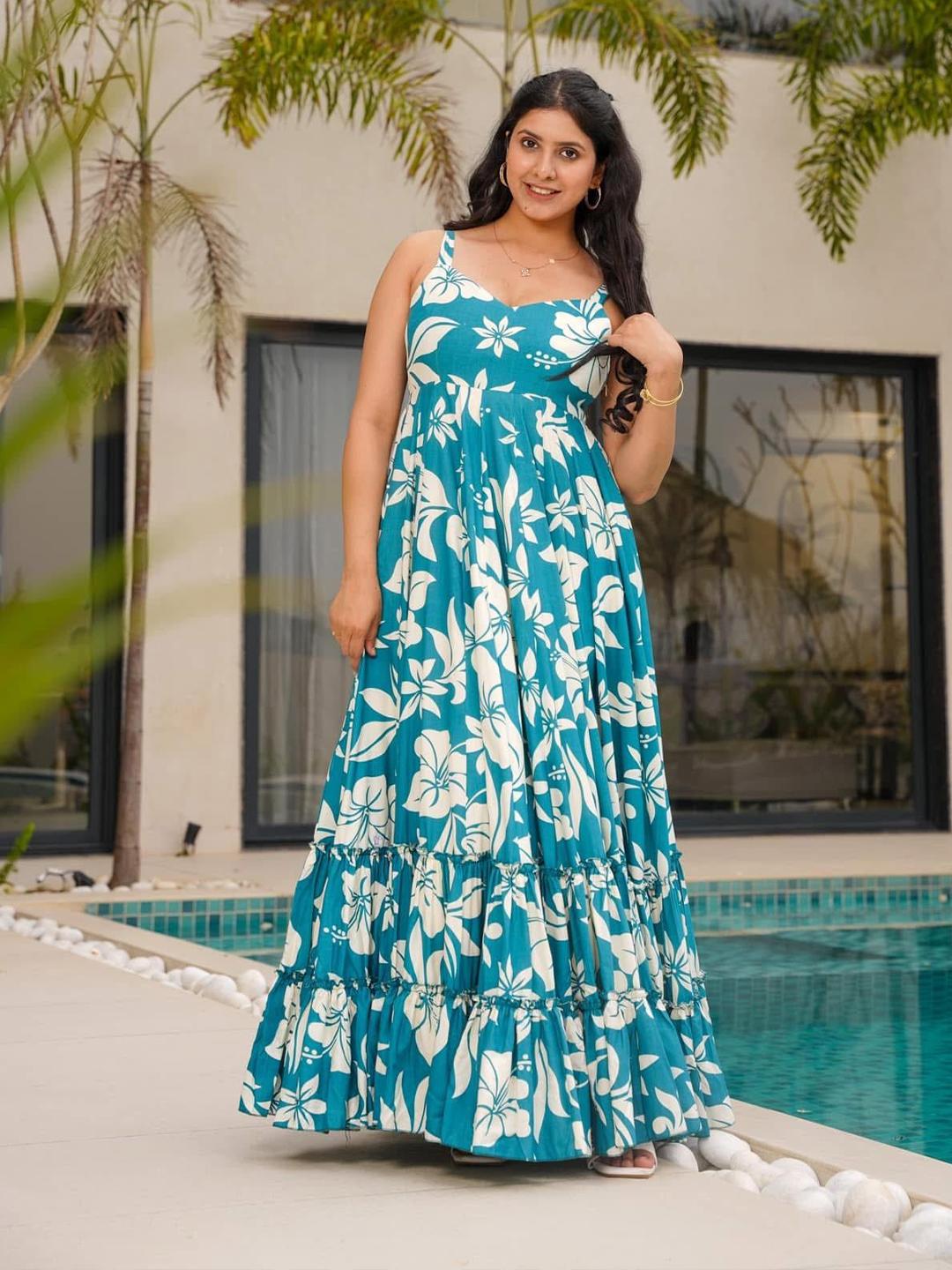 OSTOO Women's Boho Floral Maxi Dress - Sleeveless, Tiered, Long Flowery Dress For Summer, Blue, Size L