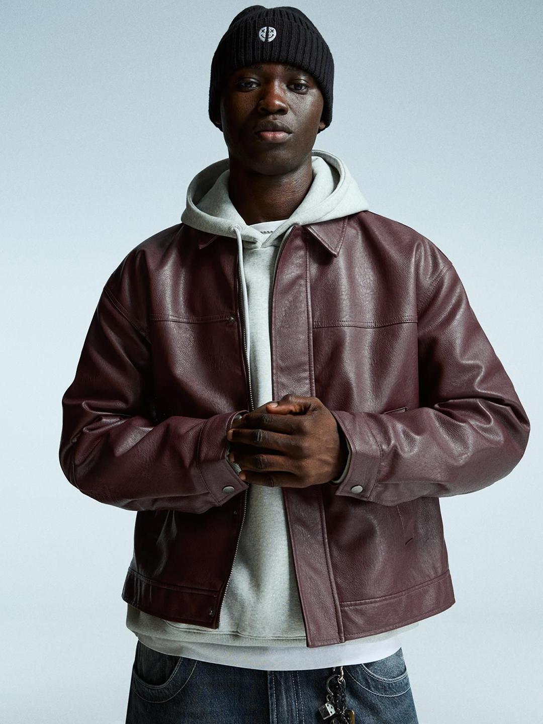 BERSHKA ブラウンレザージャケット S Buy Bershka Leather effect boxy fit jacket - Jackets for Men