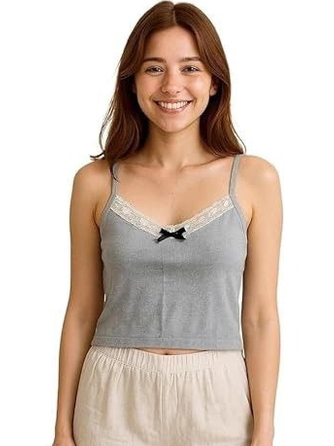 Eleg & Stilance Women Grey Cotton Ribbed Knit Slim Fit Crop Cami Top