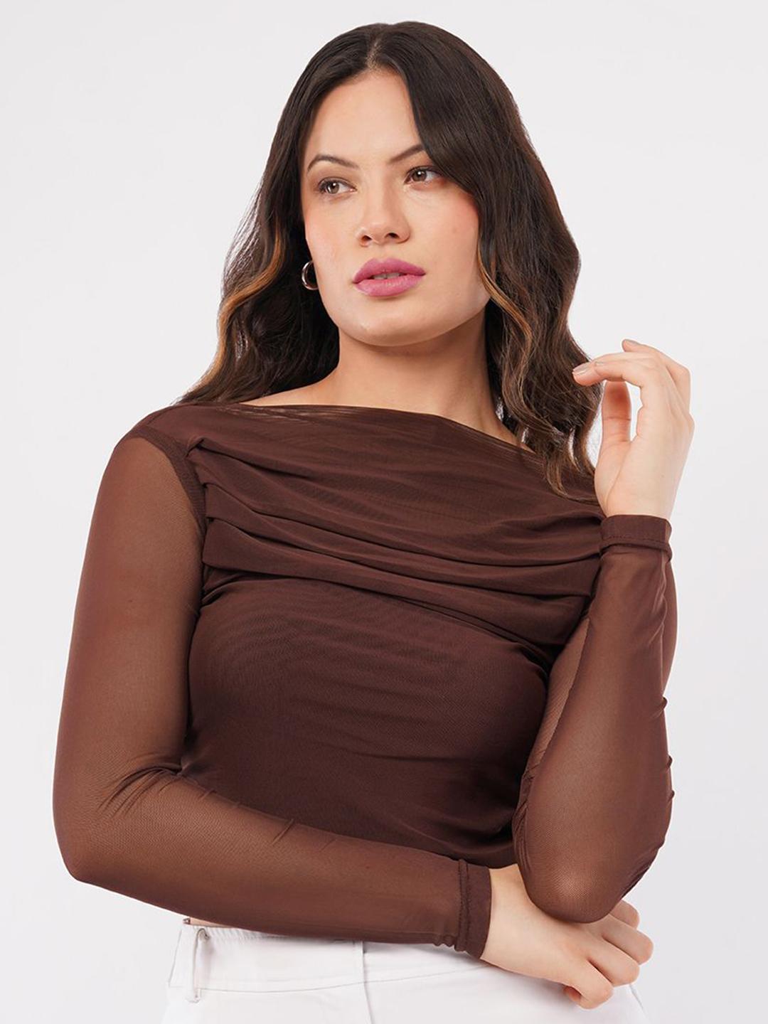 Buy Deshi Girl Mesh Layered Boat Neck Net Sheer Draped Fitted Top