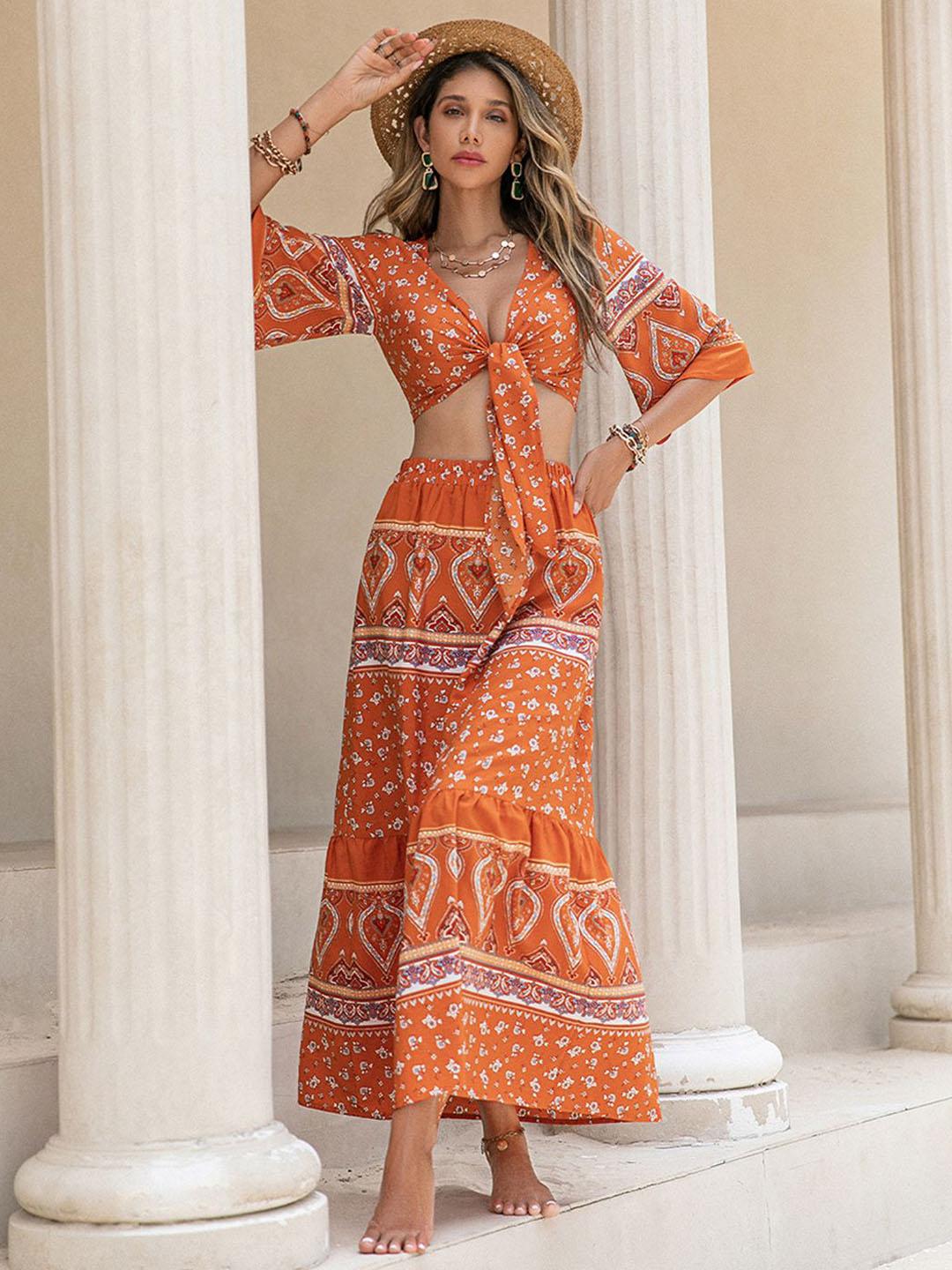 JC Mode Women Printed Tie-Up Top & Maxi Skirt Co-Ord Set