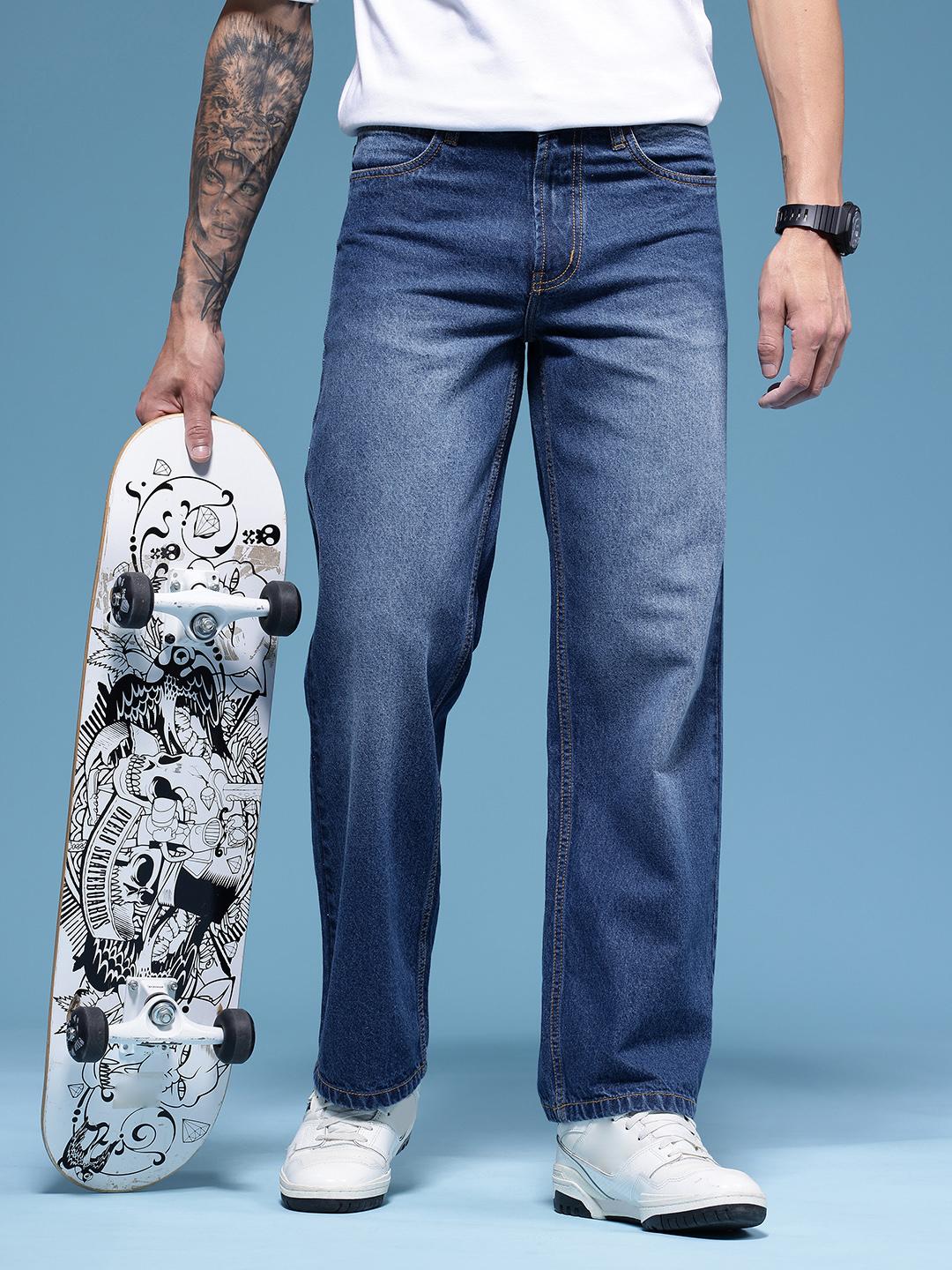 HERE&NOW Men Baggy Fit Pure Cotton Light Fade Jeans - Image 1