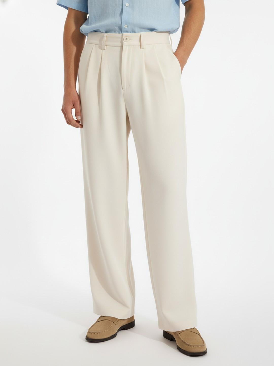 glitchez Men's Mid-Rise Wide-Leg Pleated Chinos Trousers