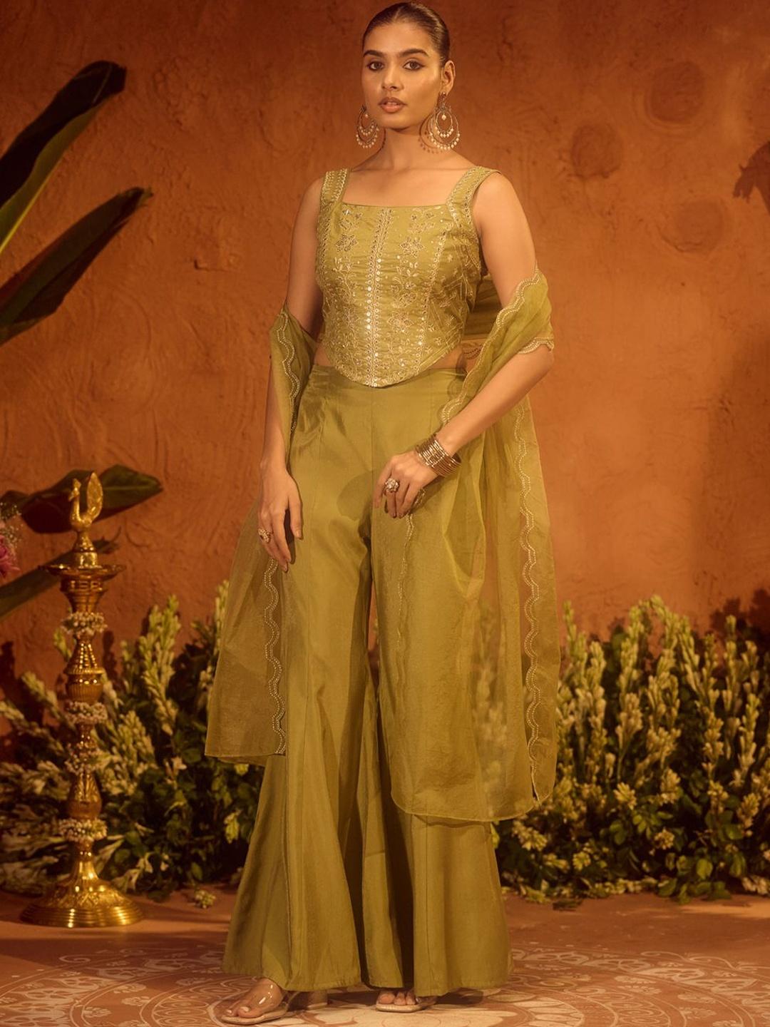 Fiorra women floral embroidered regular sequinned top with sharara & with dupatta