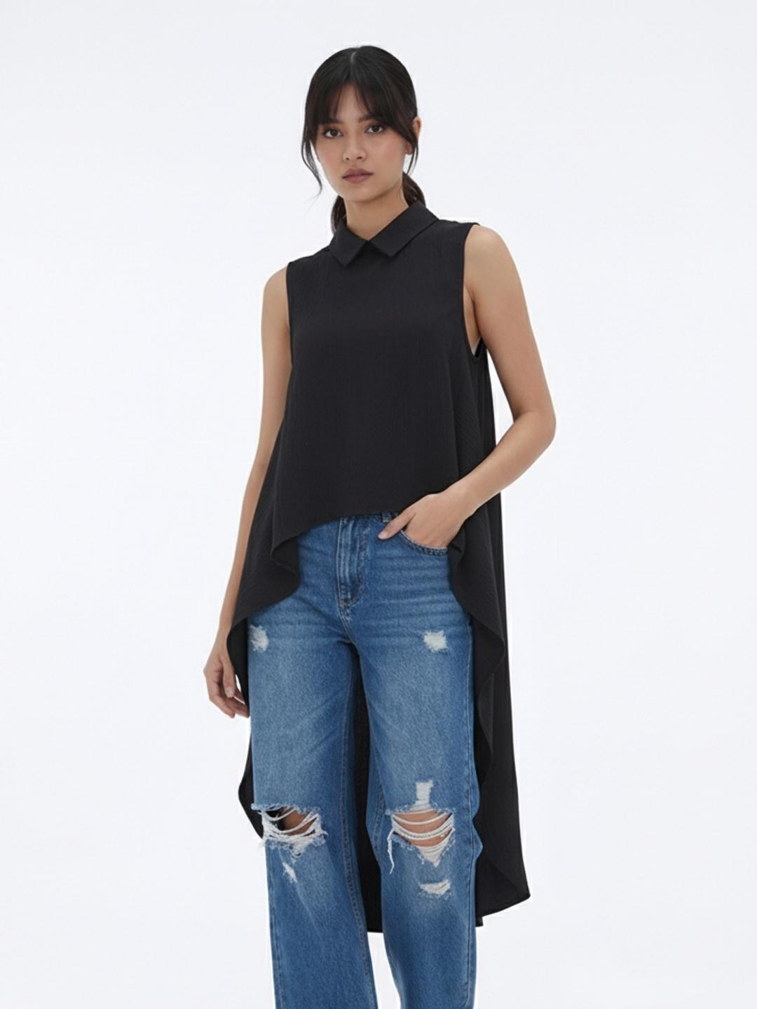 Buy glitchez Shirt Collar High-Low Hem Longline Top - Tops for
