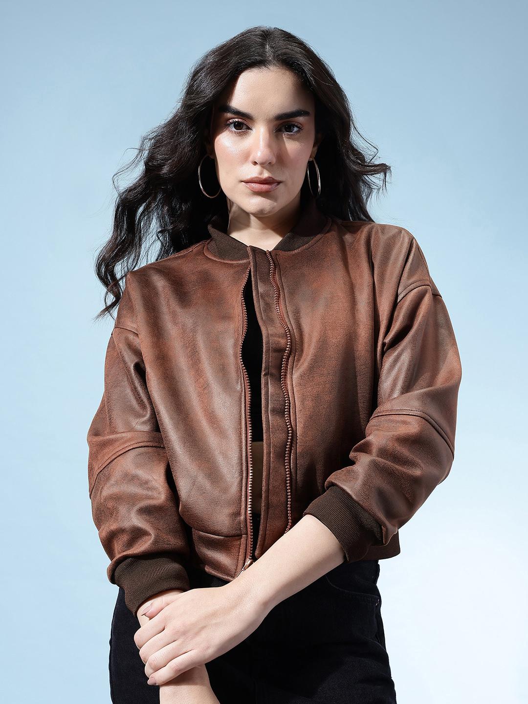 Buy glitchez Faux Leather Trim Stand Collar Drop-Sleeves Relaxed