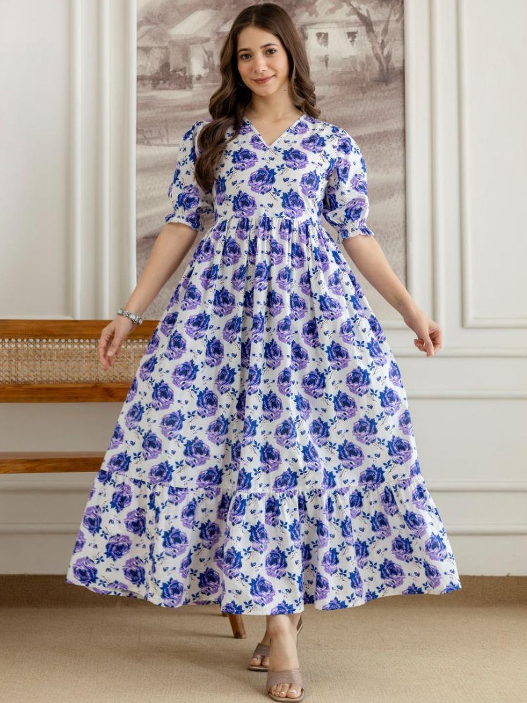 Buy DAEVISH Floral Print Puff Sleeve Fit & Flare Maxi Dress