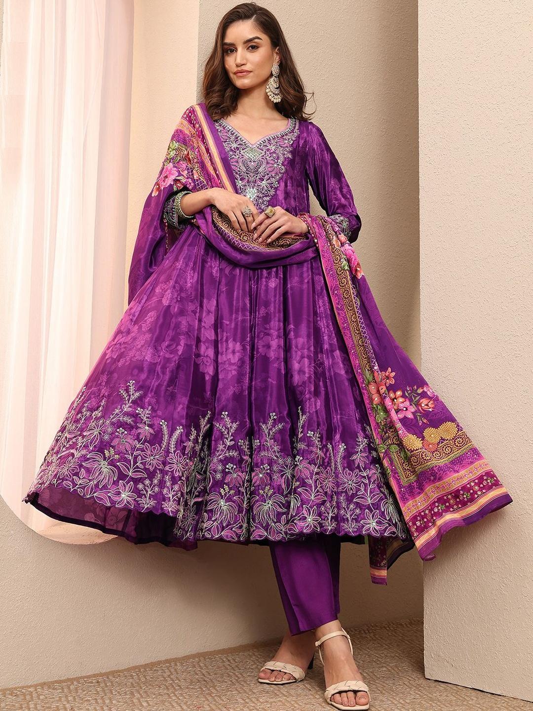 Buy Libas Art Women Floral Panelled Silk Crepe Kurta with Trousers