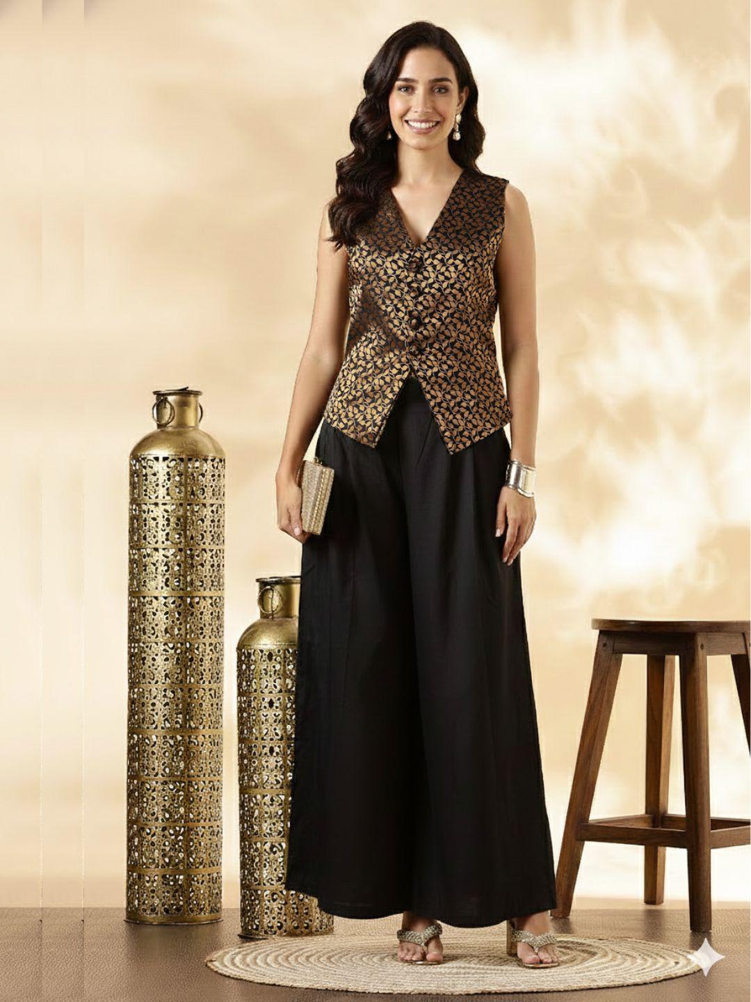 Buy Abhishti Woven Design Brocade V-Neck Waistcoat With Palazzo