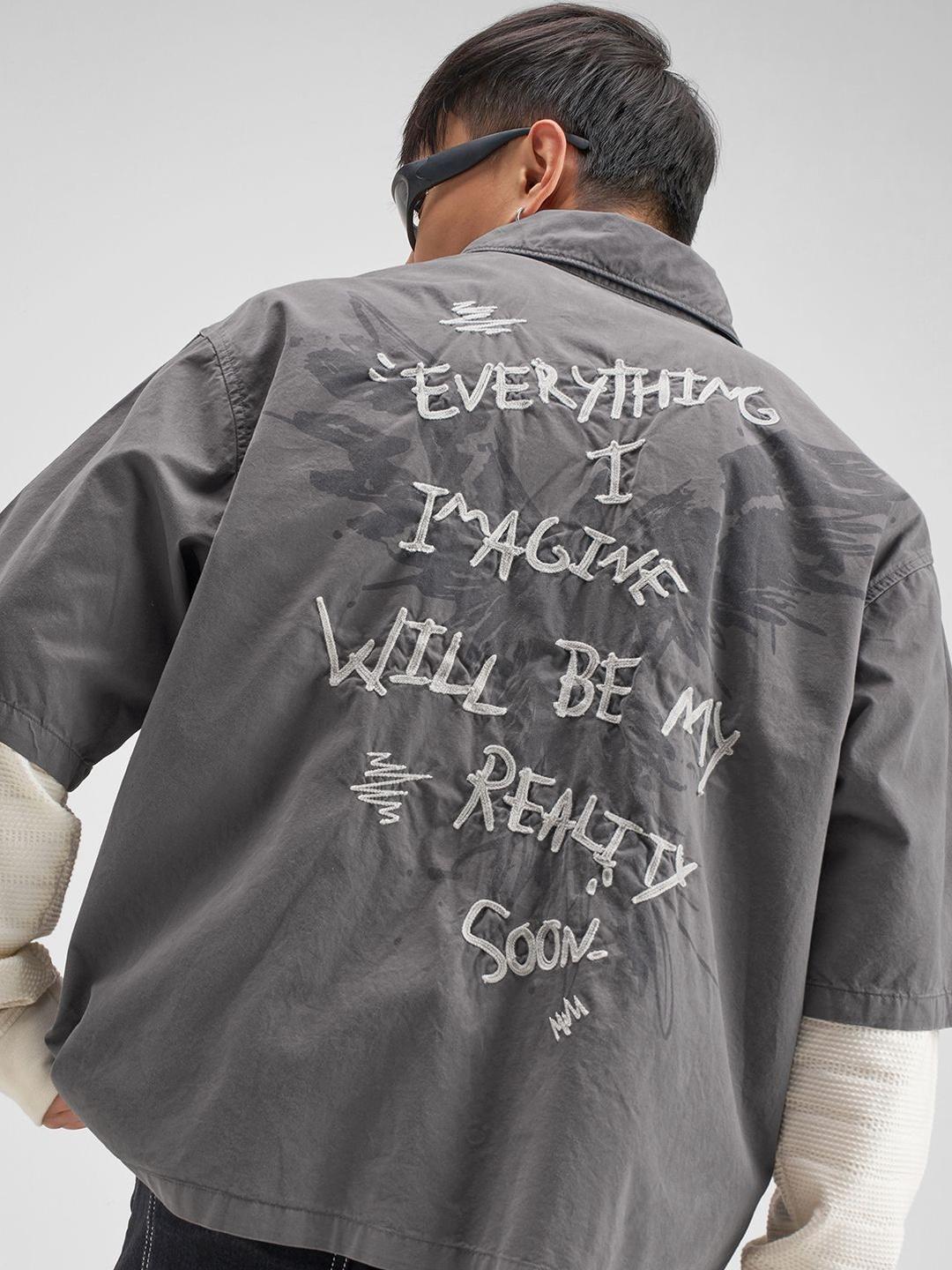 Highlander Men Grey Embroidered Boxy Shirt - Image 1