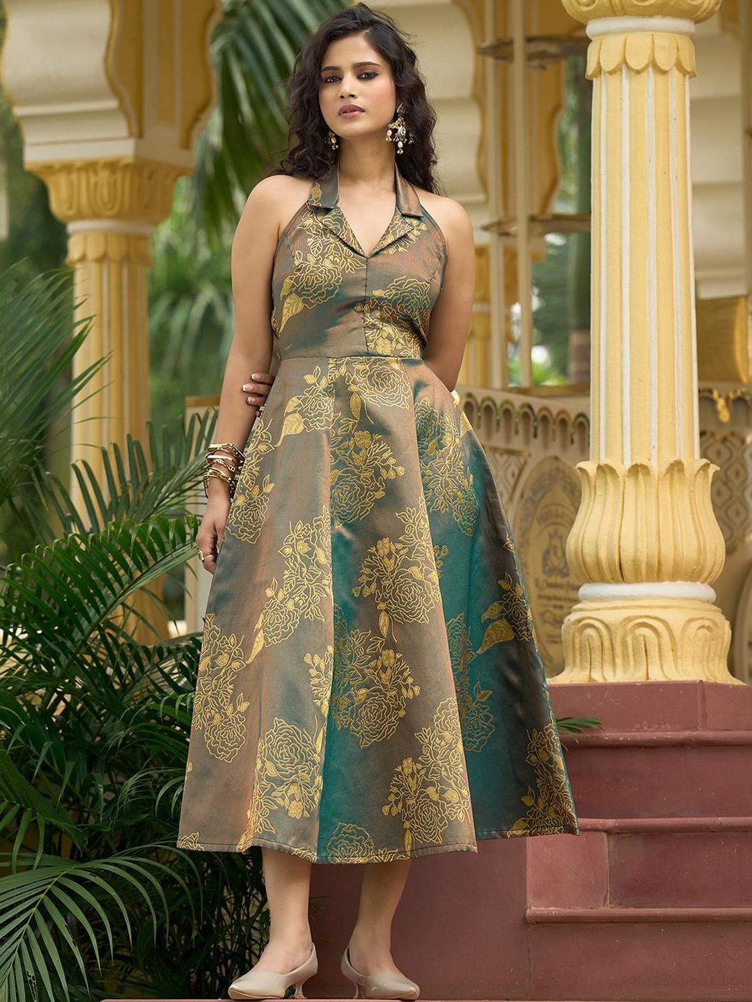 Buy PURVAJA Floral Print Jacquard Fit & Flare Midi Dress - Dresses