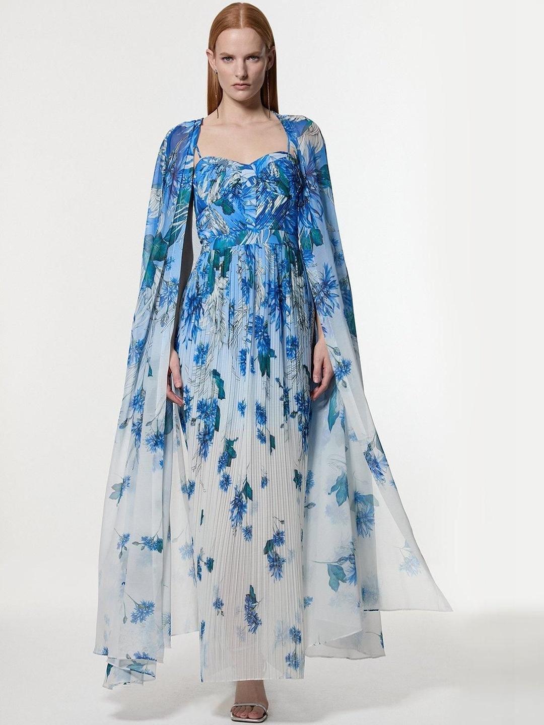 karen millen blue cape dress Pale Blue KarenMillen Placed Floral Crystal Embellished Tailored Drama Cape Maxi Dress