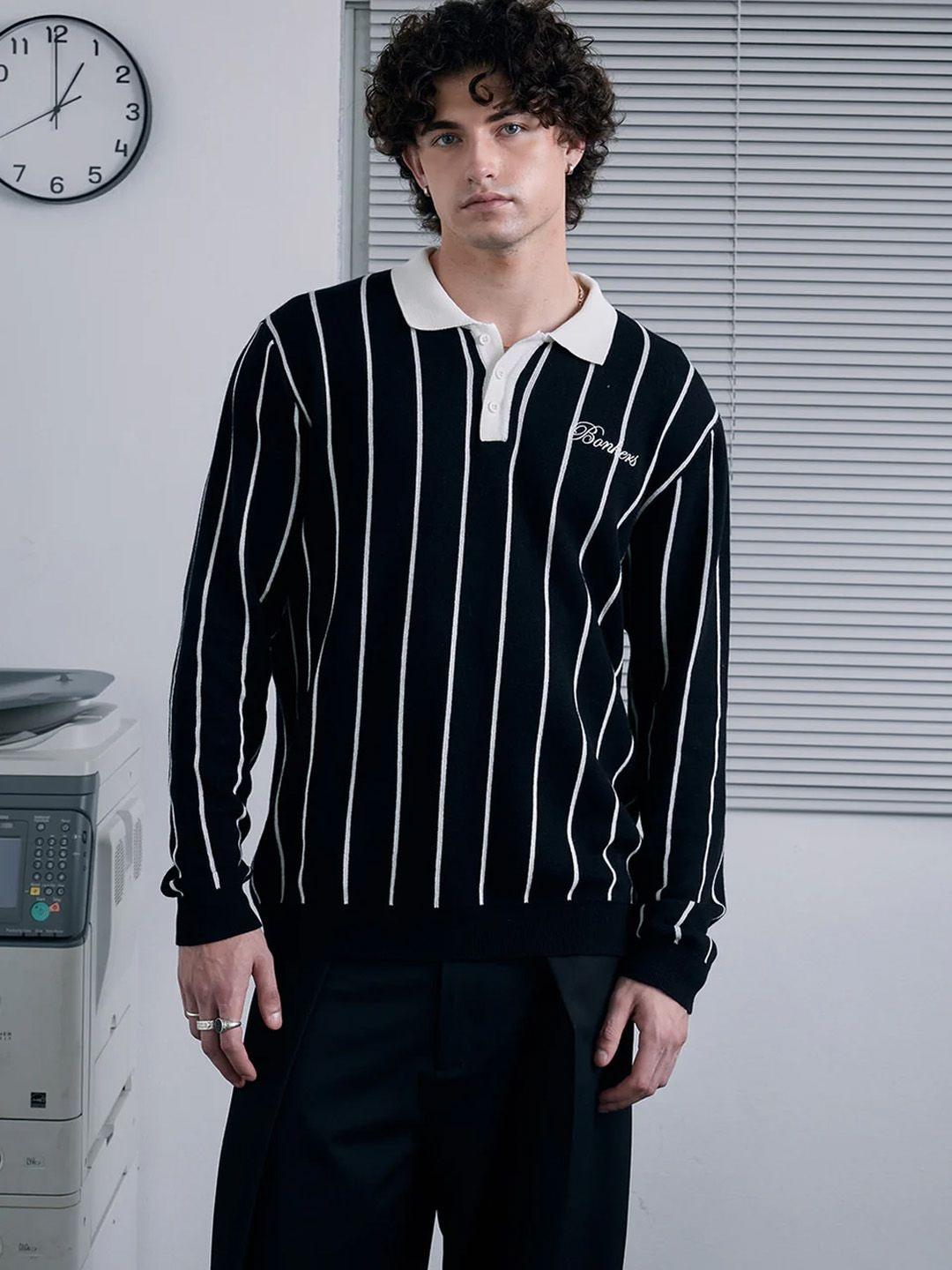 Bonkers Corner Men Striped Polo Collar Monochrome Pockets T-shirt - Image 1