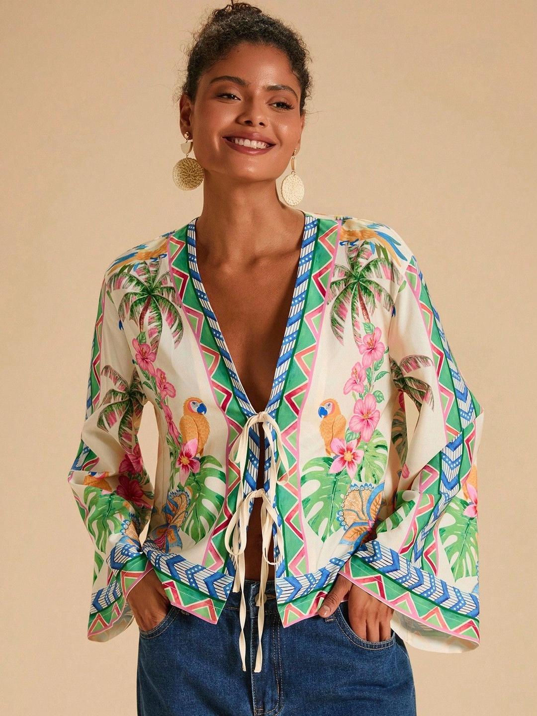 Buy KATECLO Tropical Print Flared Sleeve Tropical Crop Top - Tops