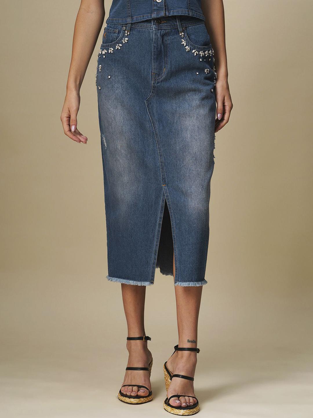 Buy Chemistry Embellished 5 Pocket Front Slit Denim Skirt