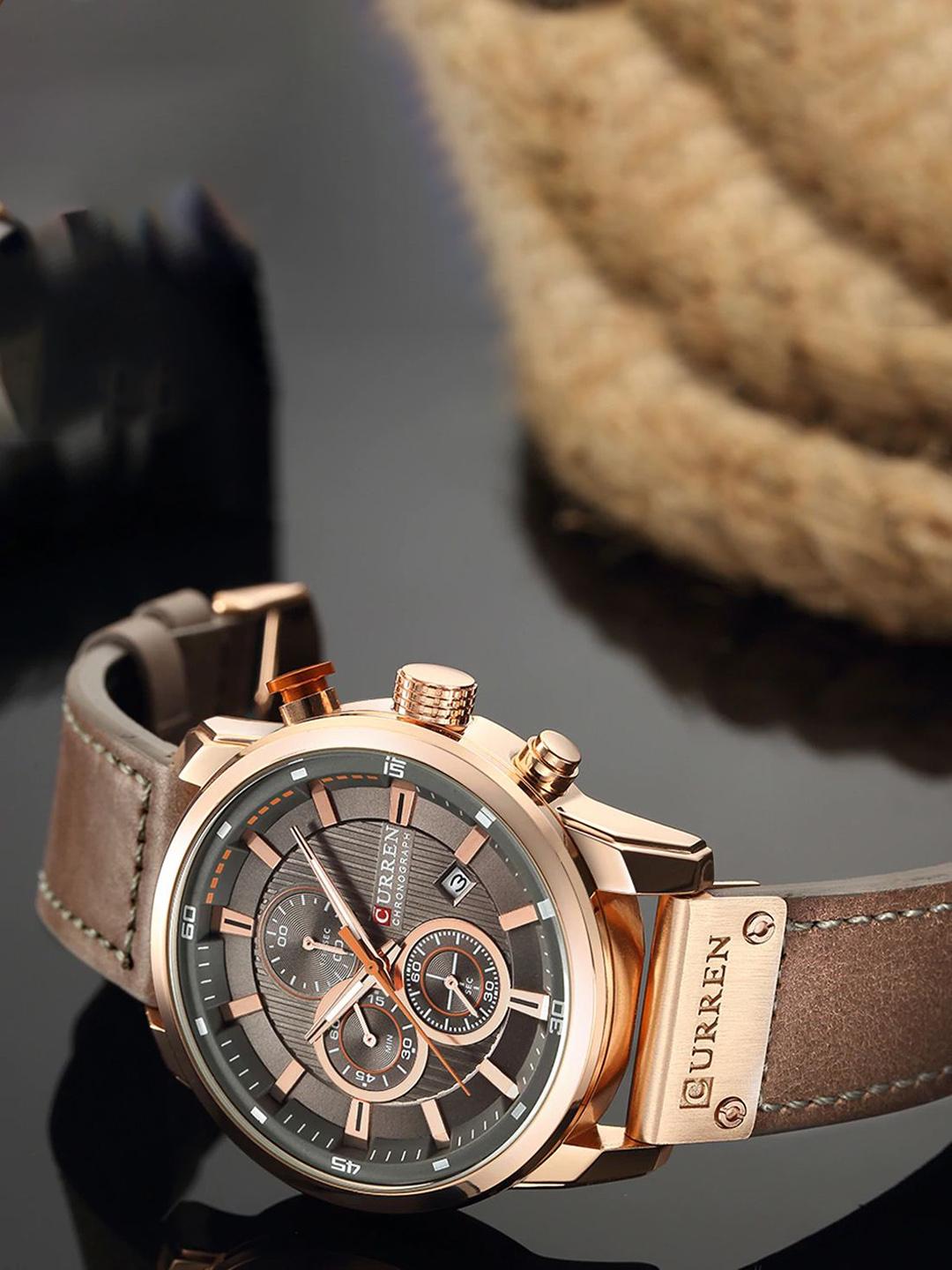 Curren Men Brass Dial & Leather Bracelet Style Straps Analogue Watch CR-8291-Gold Brown - Image 1