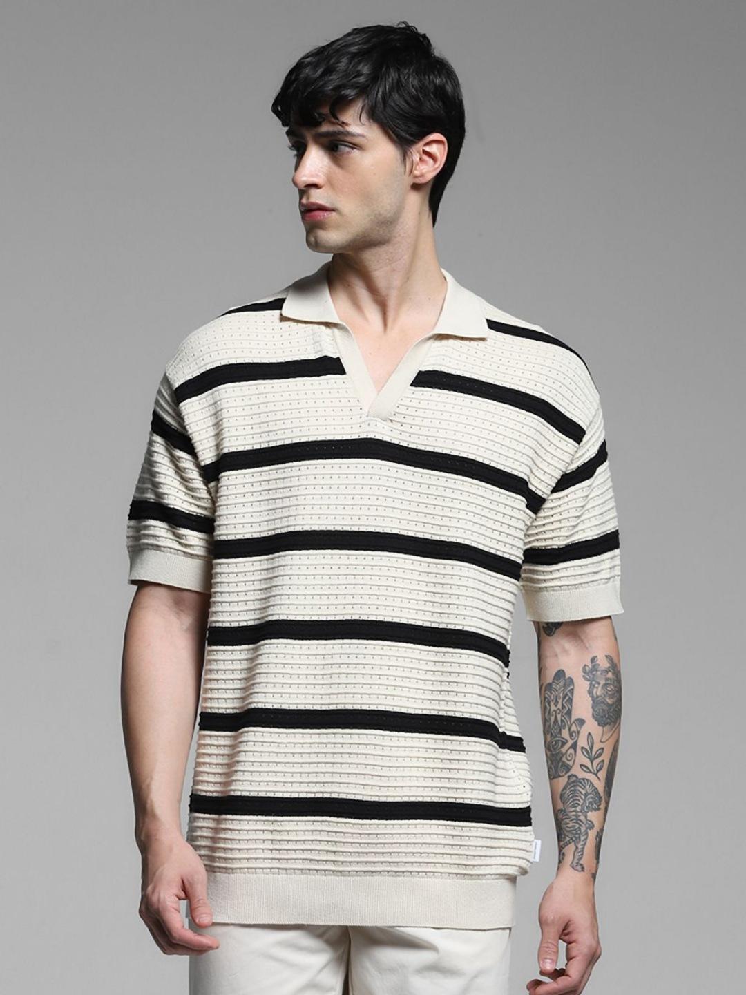 Jack & Jones Men Striped Polo Collar Oversized T-shirt - Image 1