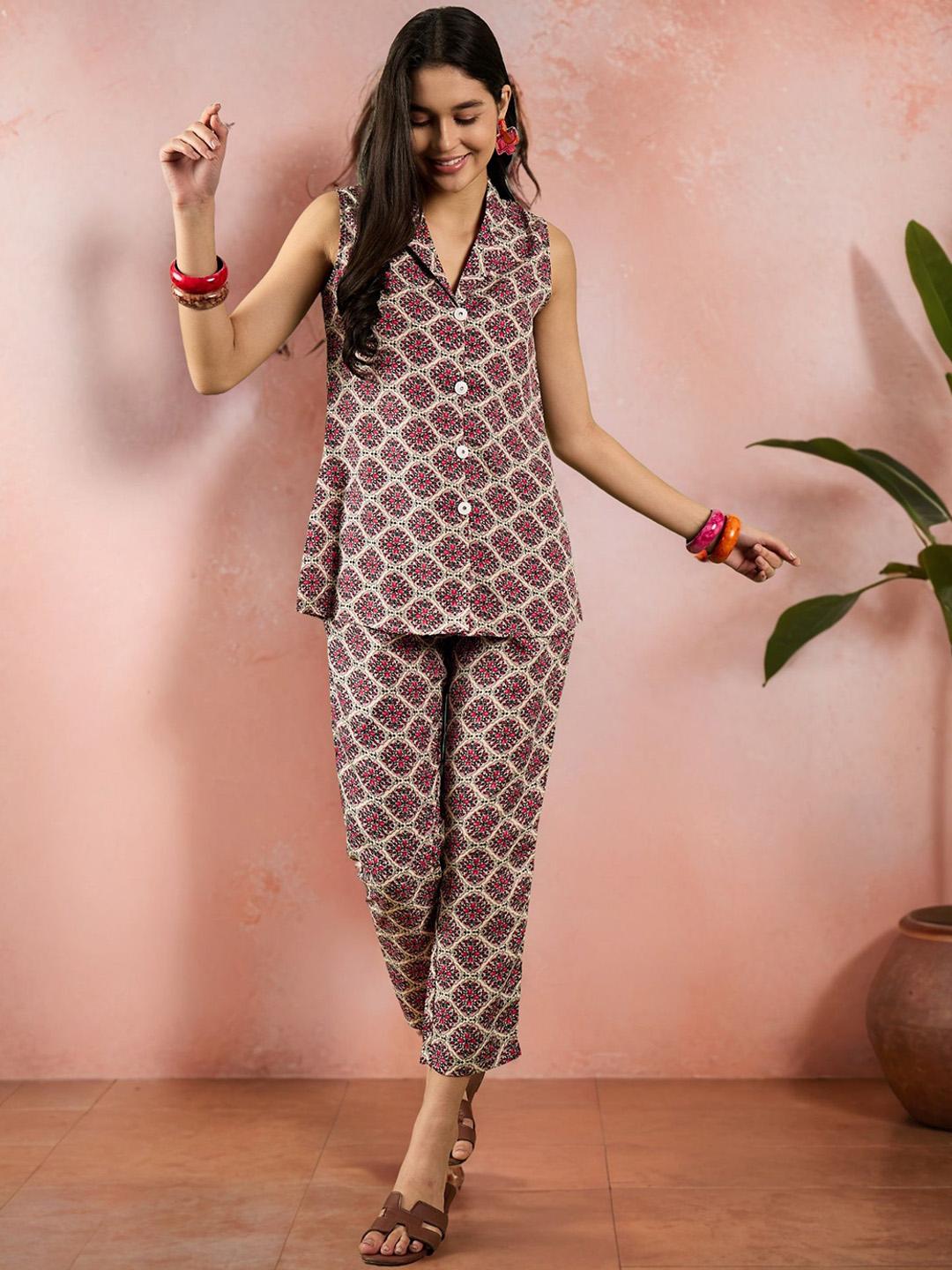 Sangria Ethnic Printed Sleeveless Top & Trouser Co-Ords
