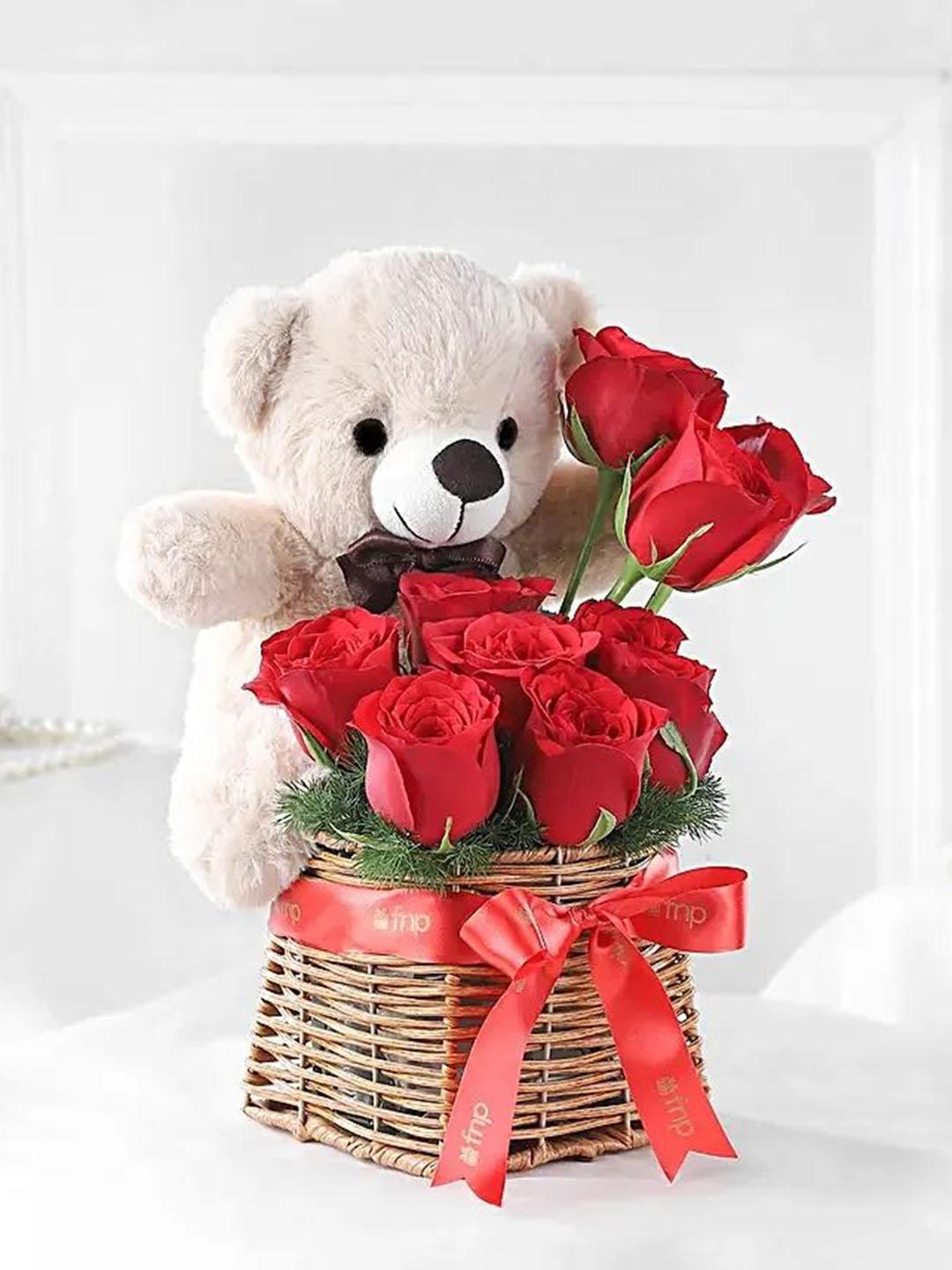 Good Morning Teddy Bear With Rose Fnp 10 Pieces Red Roses
