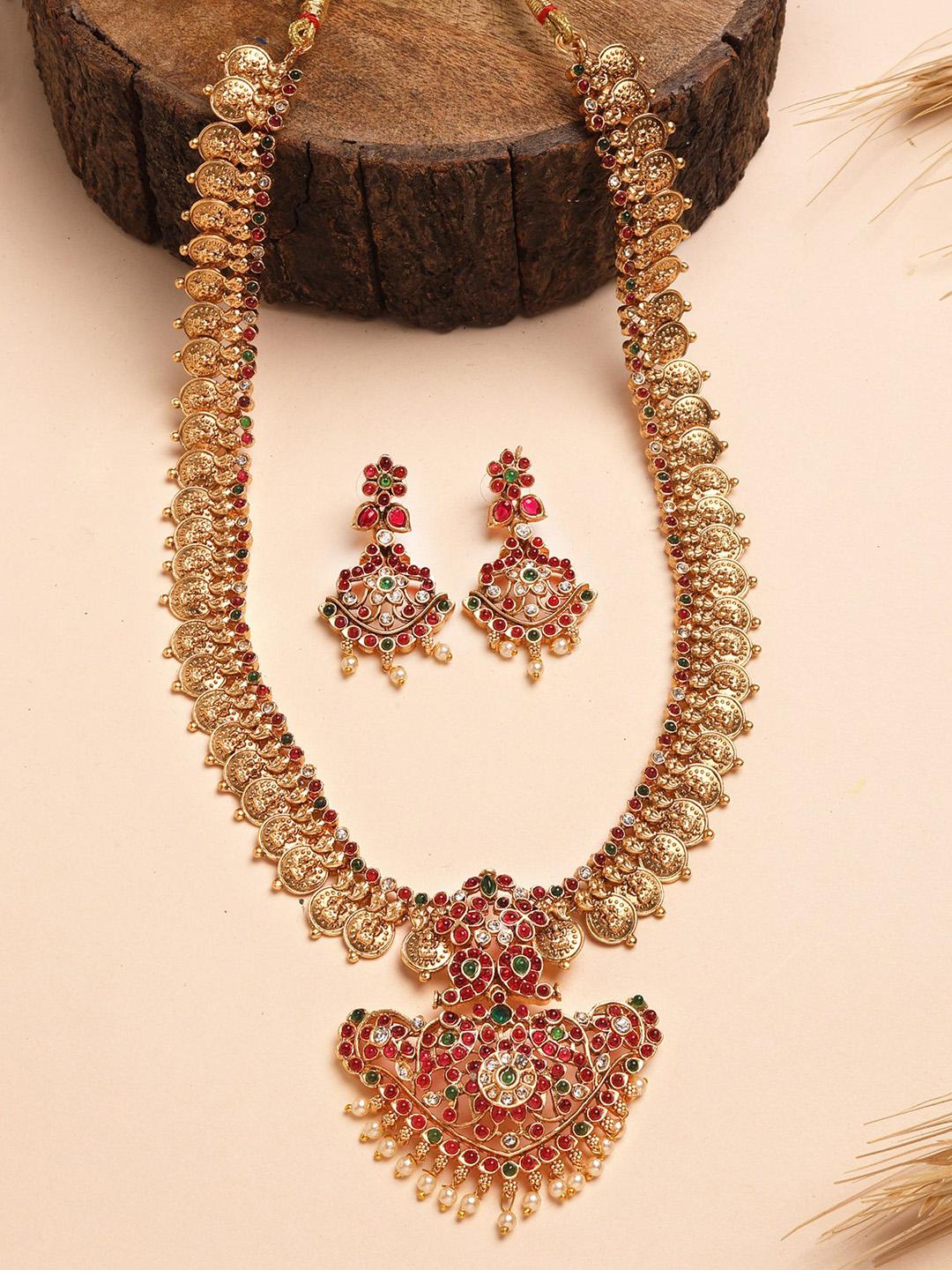 Buy KARATCART Gold Plated Red Stone Rani Haar Temple Jewellery Set