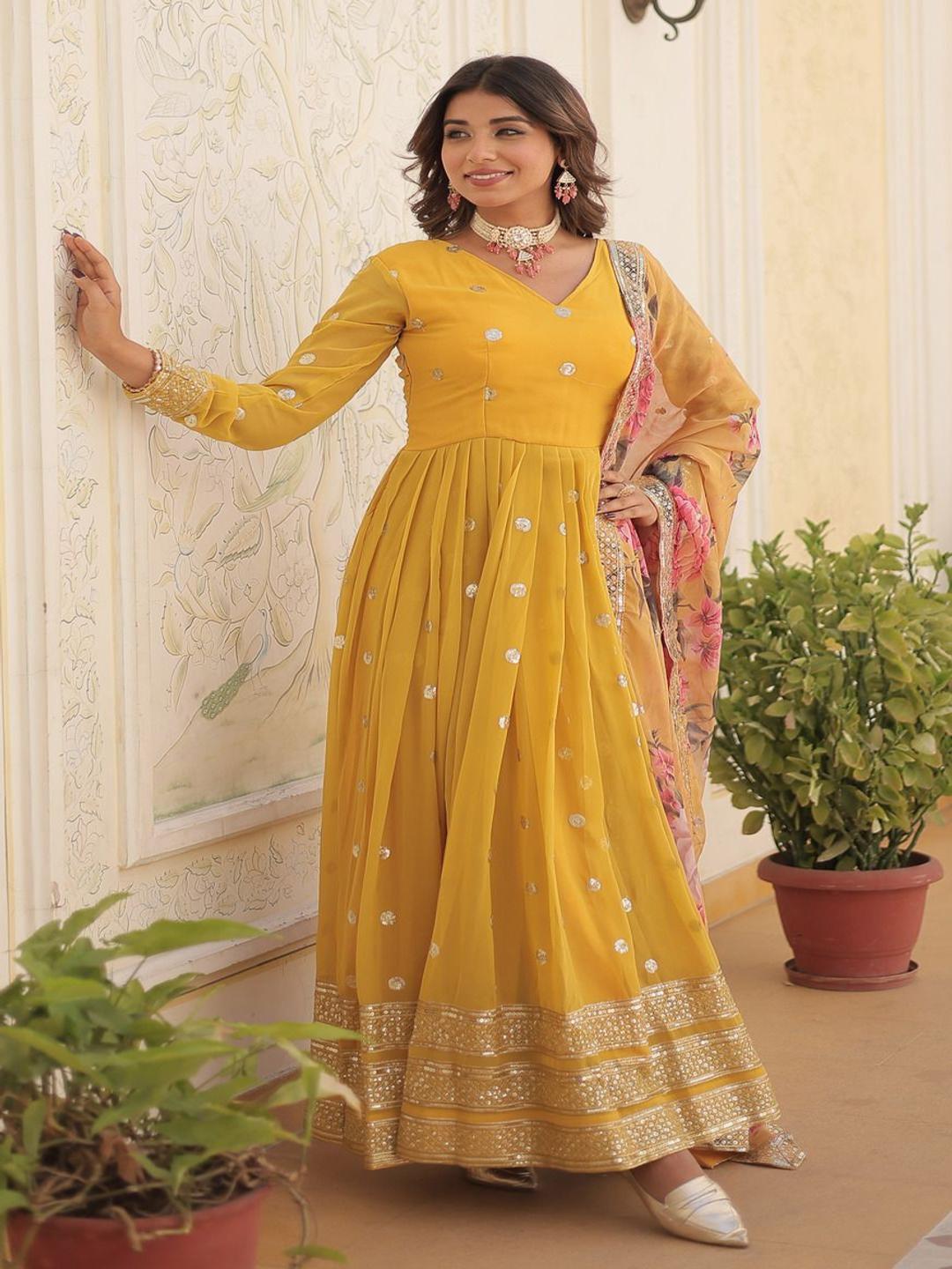 Buy KALINI Women Embroidered V-Neck Ethnic Dress with Dupatta