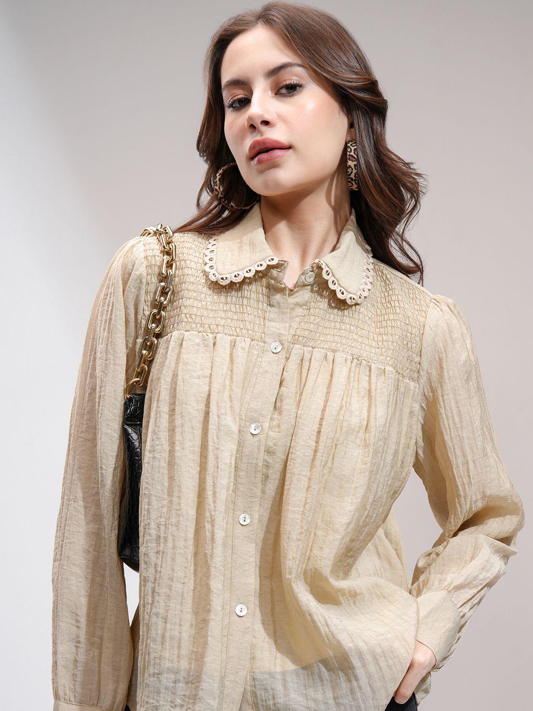 Tokyo Talkies Women Solid Smocked Shirt Top