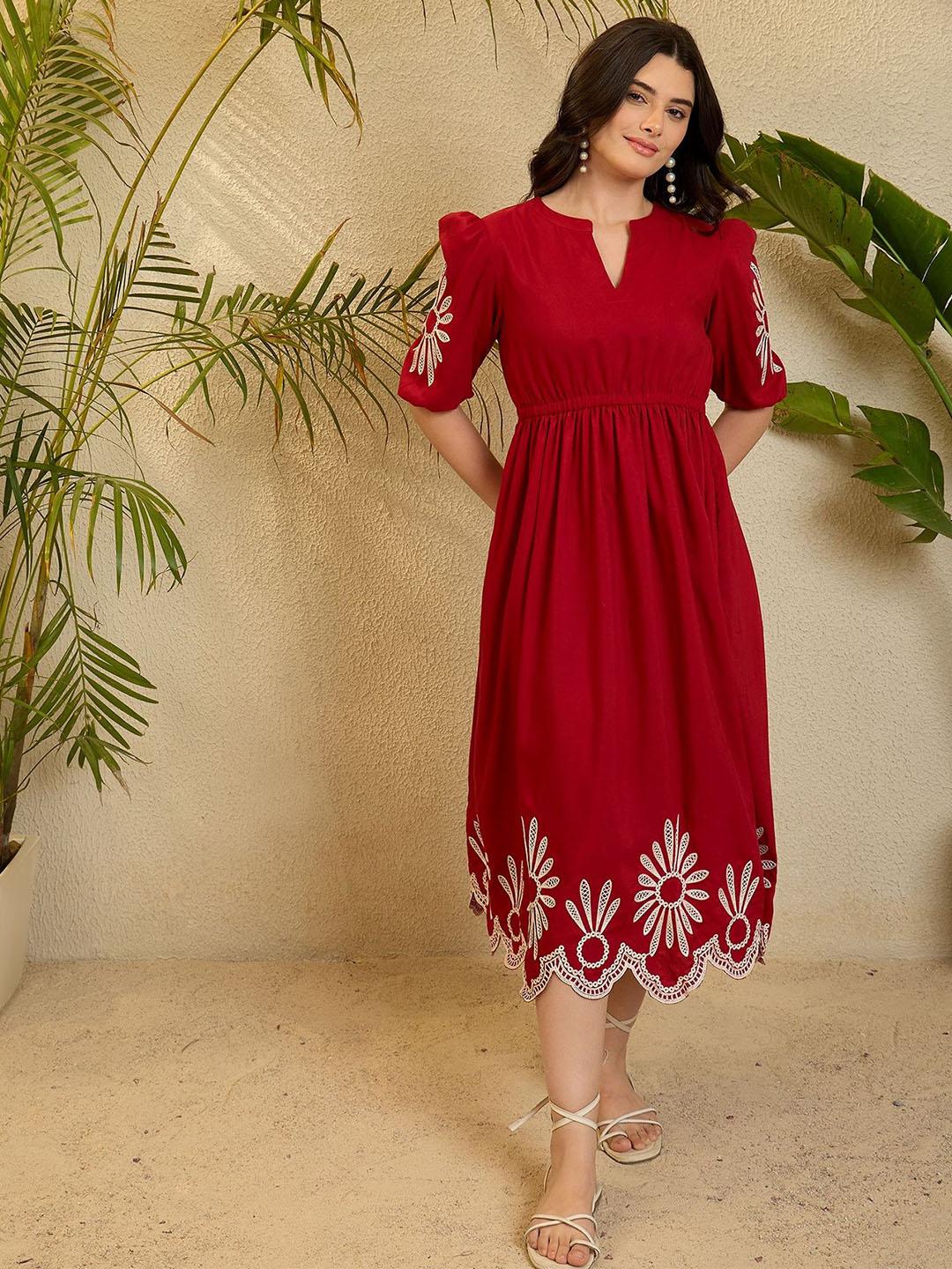 OCTICS Red Embroidery Puff Slevee Midi Dress