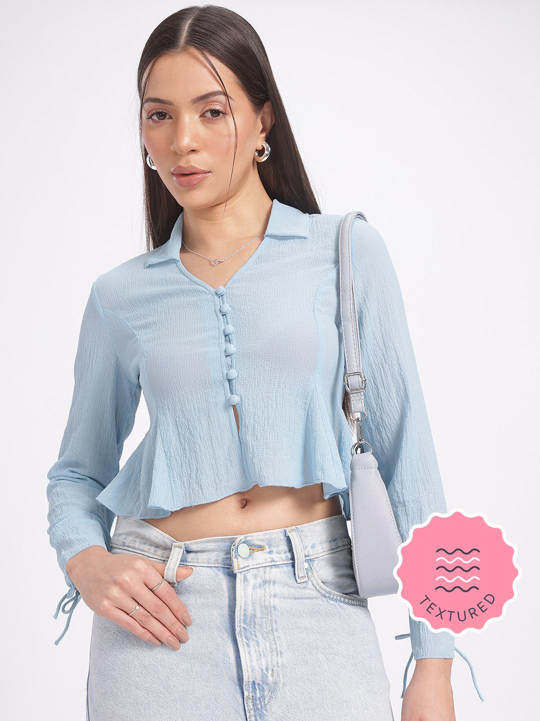 トップス CLANE PINTUCK CROPPED BLOUSE Buy glitchez Textured Cropped Peplum Top - Tops for Women 31430116