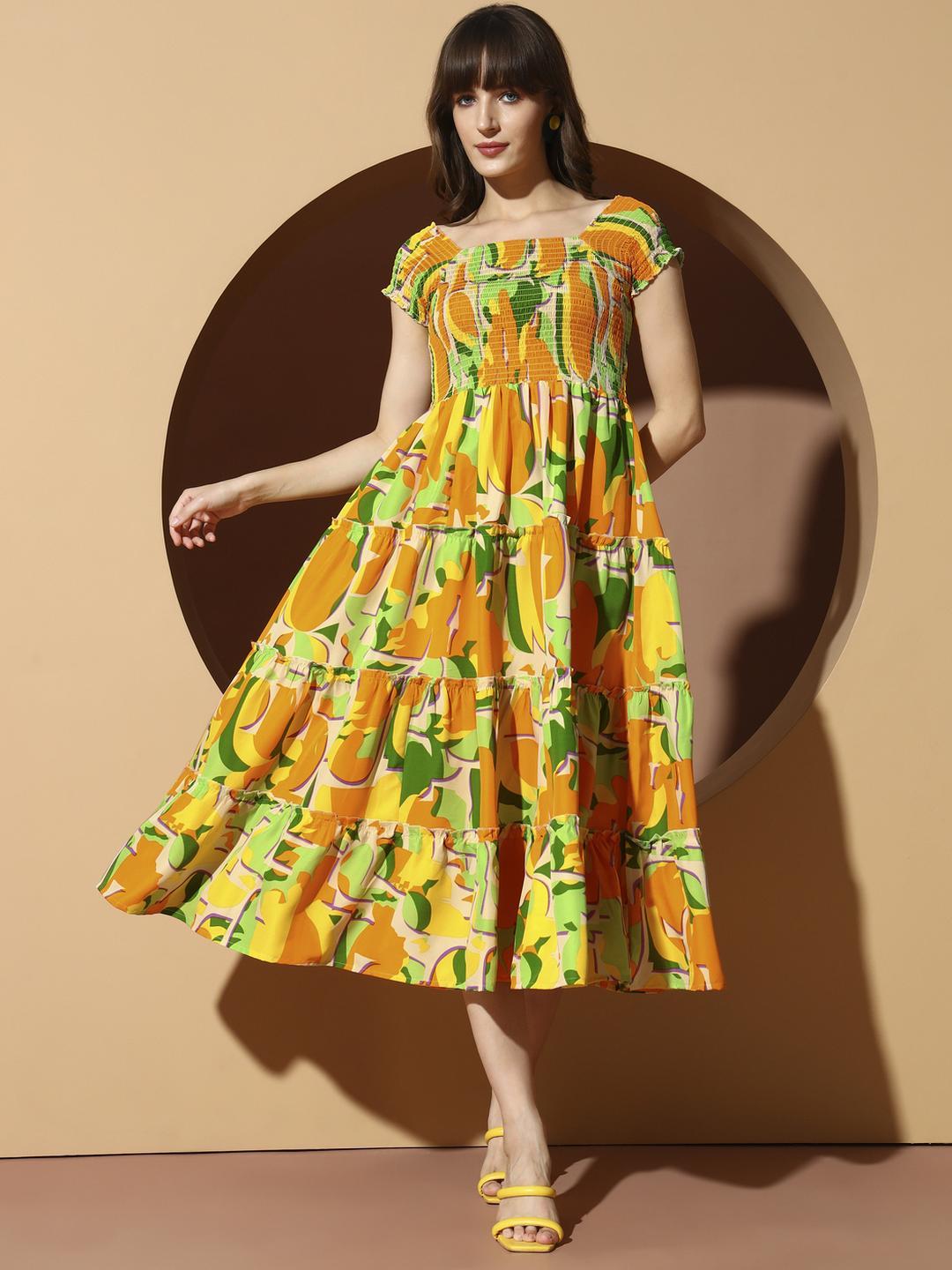 Buy LookShine Women Print Puff Sleeve Elasticated A-Line Midi