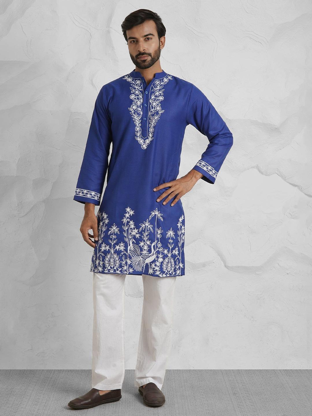 HOUSE OF KARI Men Blue Floral Cotton Kurta - Image 1